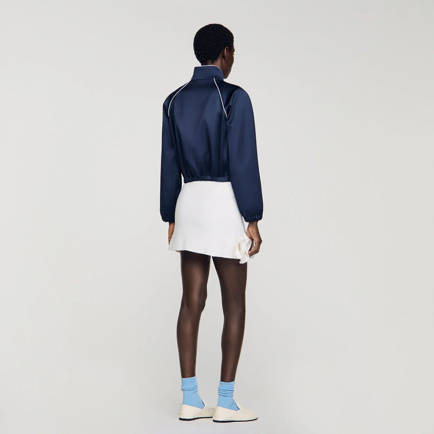 Lizy Embroidered Cropped Satin Jacket Navy / Black