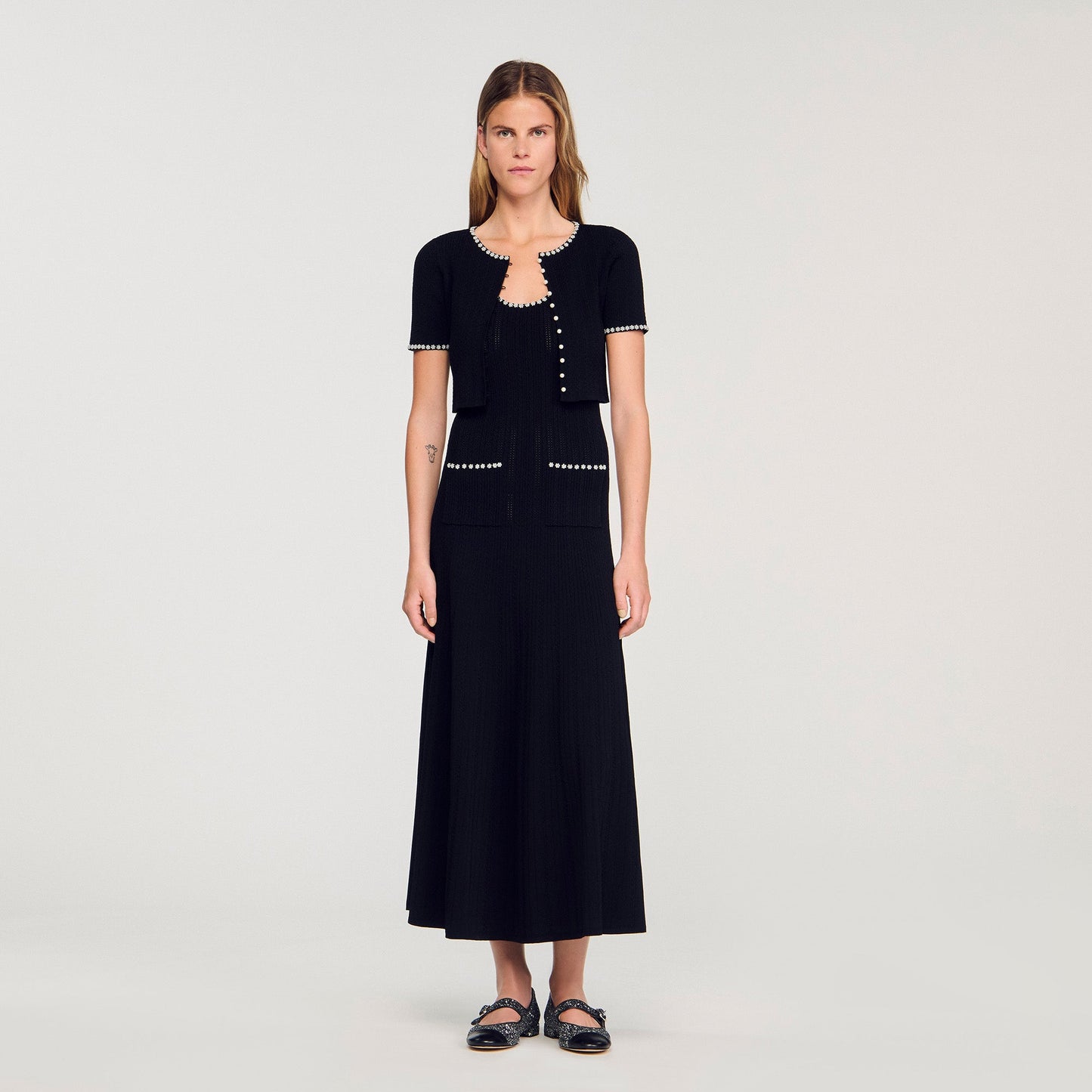 Manuel Cropped Beaded Cardigan Black