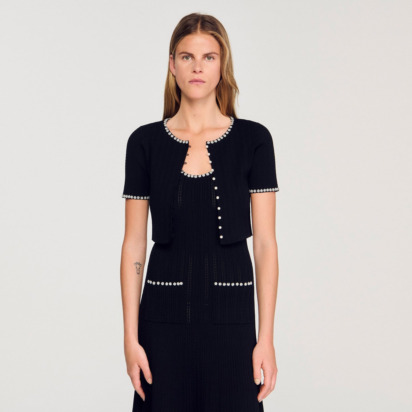 Manuel Cropped Beaded Cardigan Black