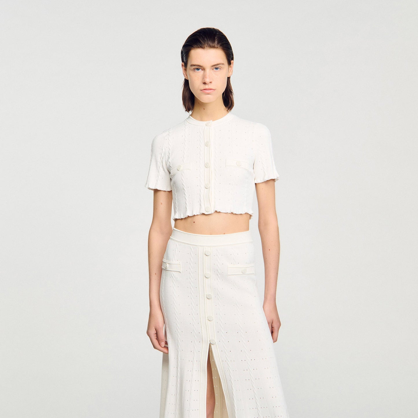 Nice Cropped Pointelle Knit Cardigan Ecru