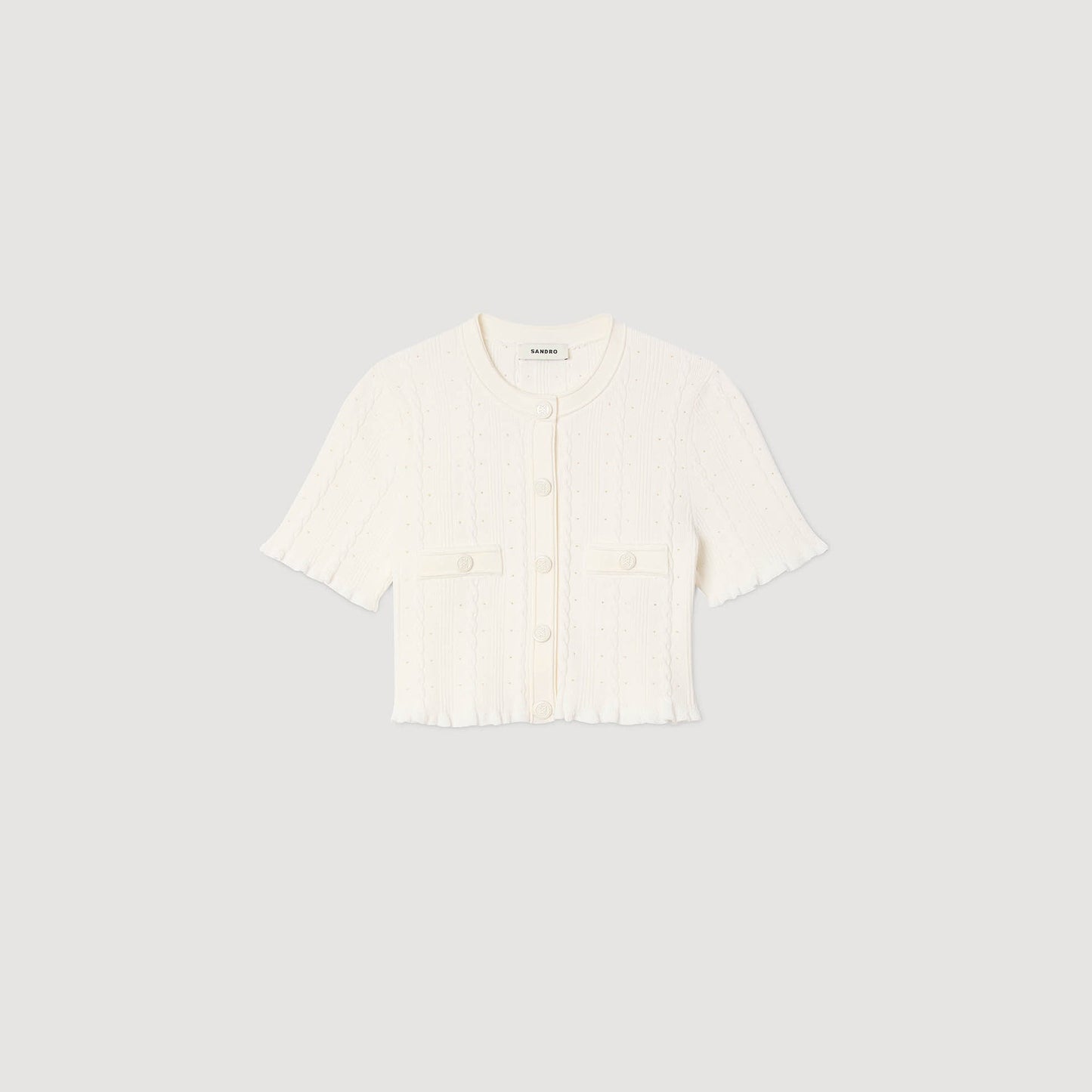 Nice Cropped Pointelle Knit Cardigan Ecru