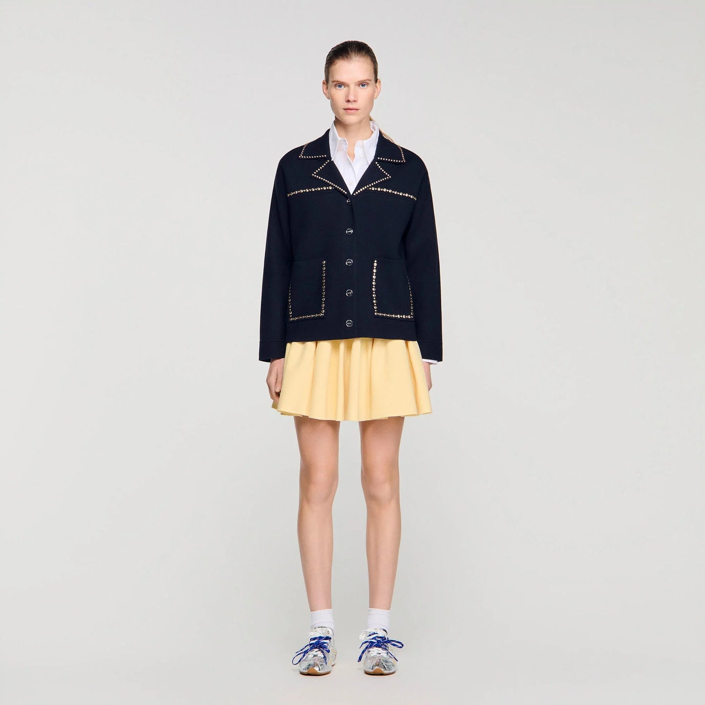 Truman Studded Blazer Collar Cardigan Navy Blue