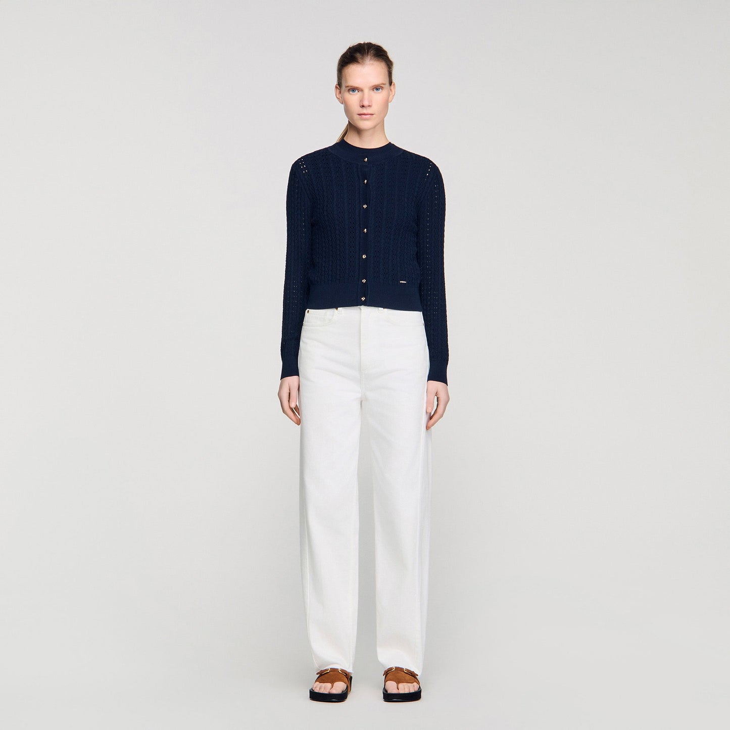 Flavio Cropped Textured Knit Cardigan Navy Blue