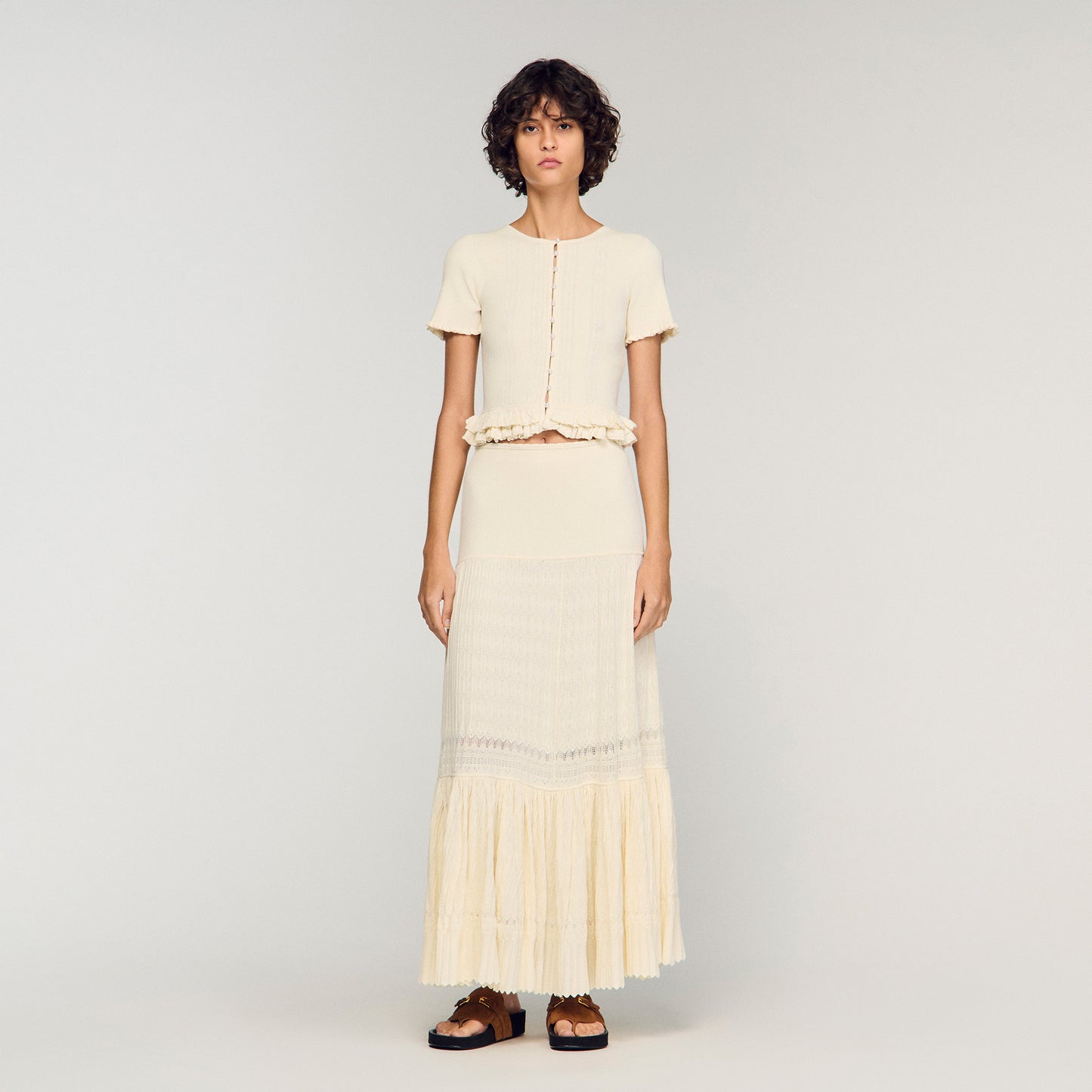 Arianna Ruffled Knit Cardigan Ecru