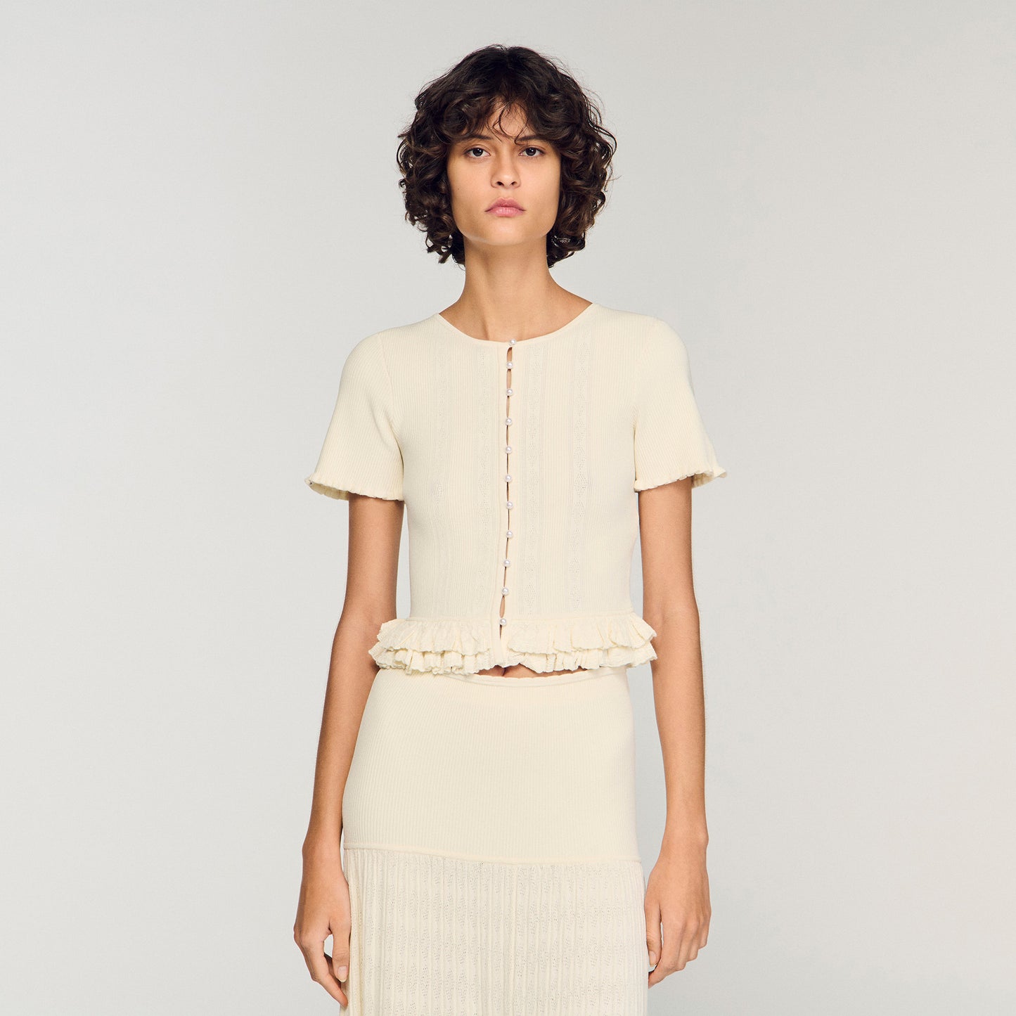 Arianna Ruffled Knit Cardigan Ecru