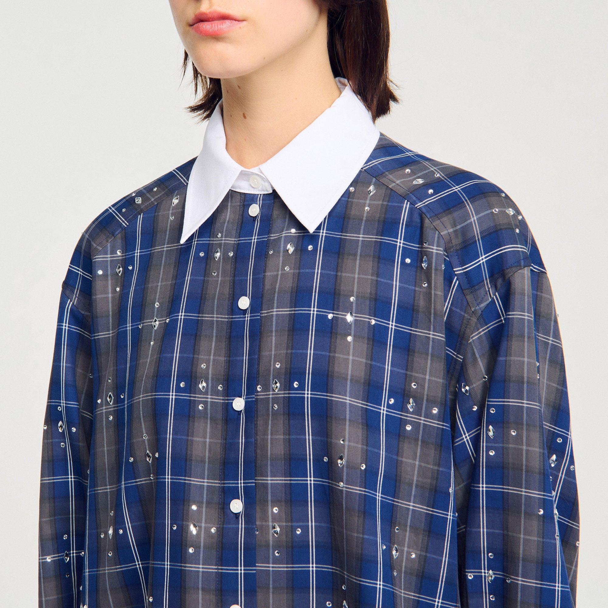 Rhinestone Check Shirt Blue