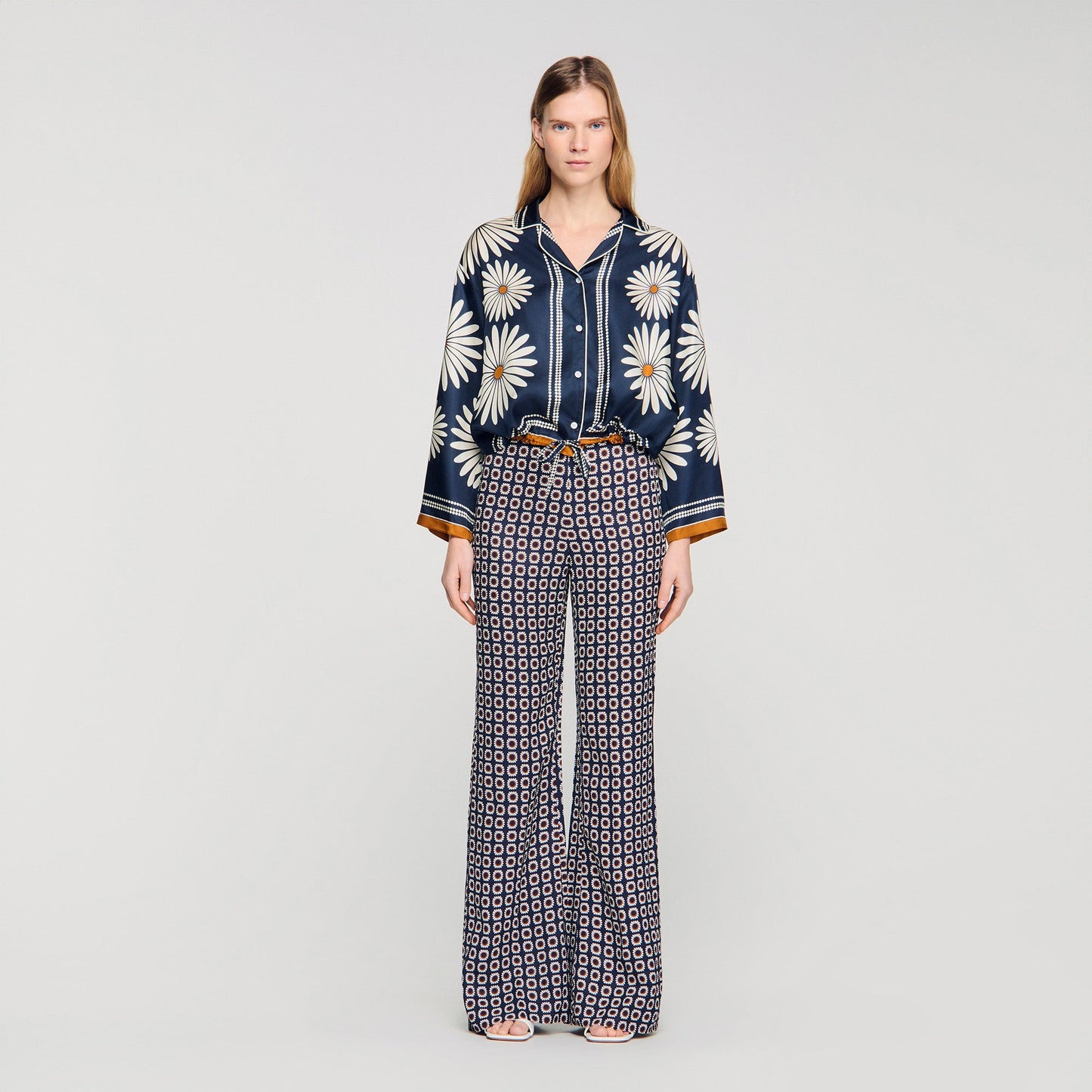 Dahlia Floral Print Silk Shirt Deep Blue / Ocher