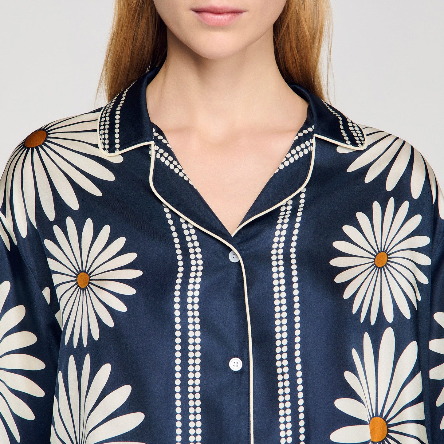 Dahlia Floral Print Silk Shirt Deep Blue / Ocher