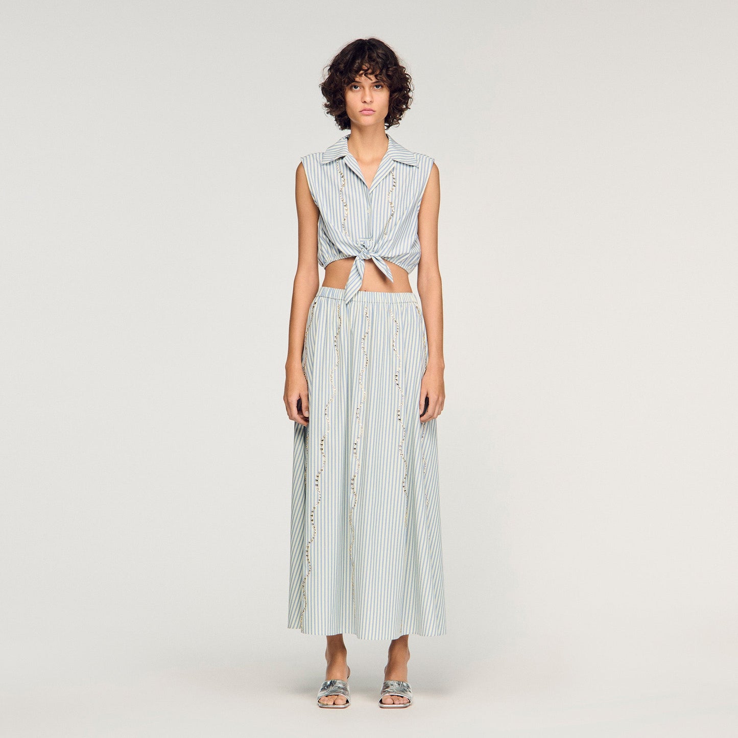 Lucio Cropped Striped Rhinestone Shirt Blue