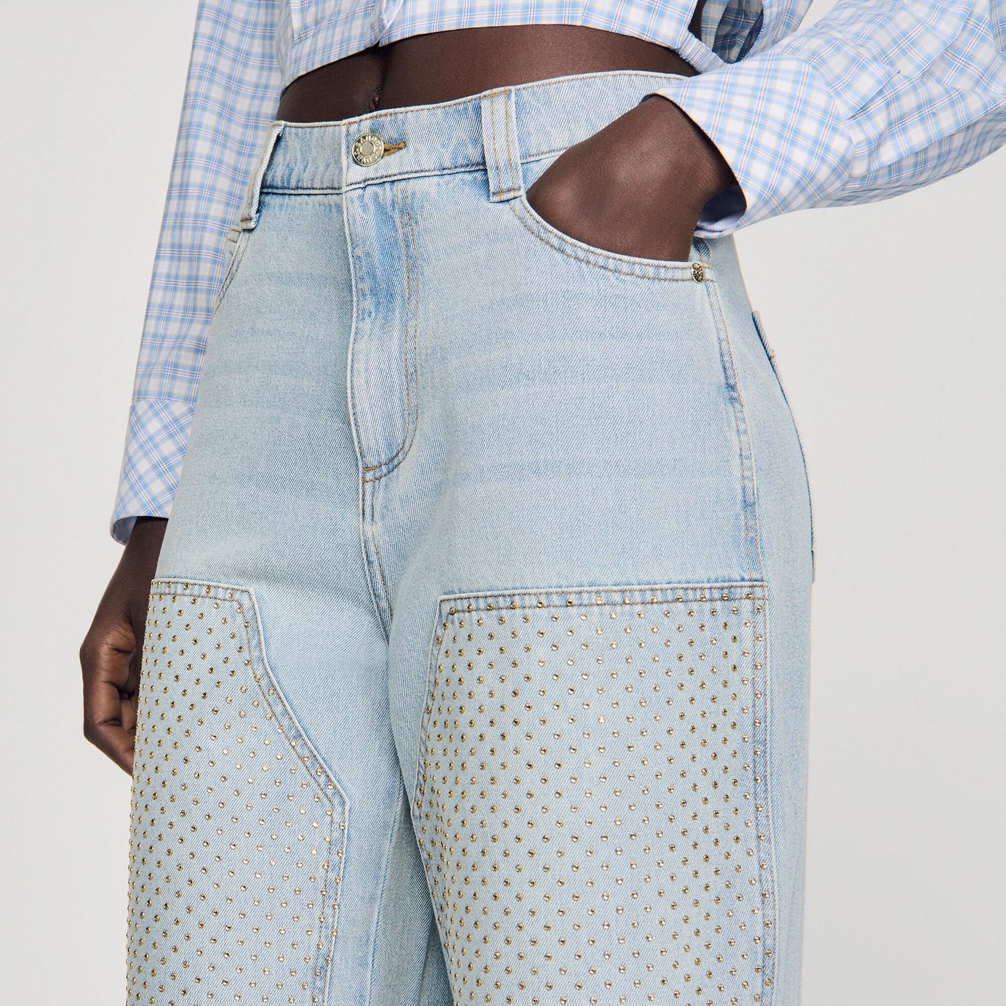 Landon Faded Straight Crystal Patch Jeans Light Blue Jean