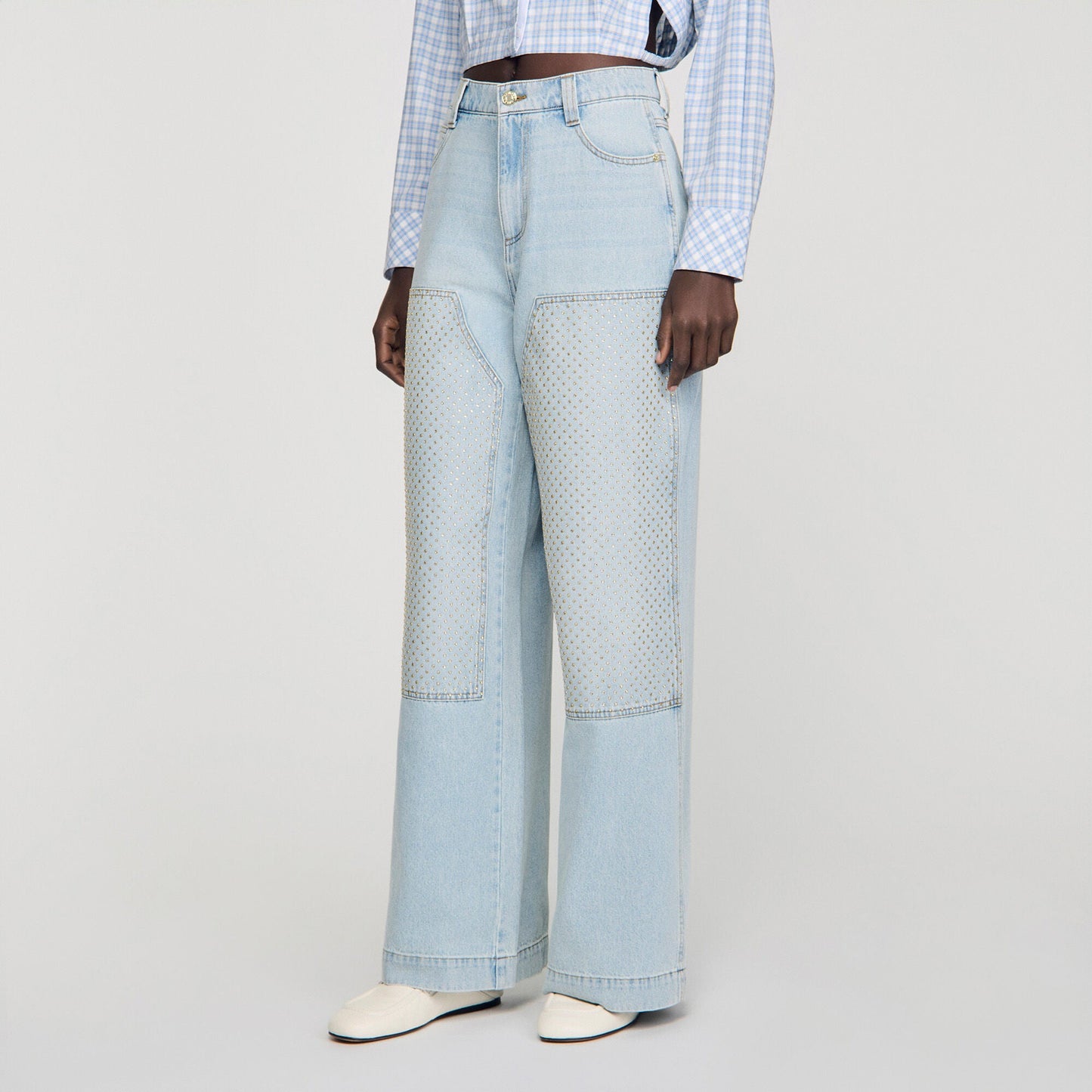 Landon Faded Straight Crystal Patch Jeans Light Blue Jean