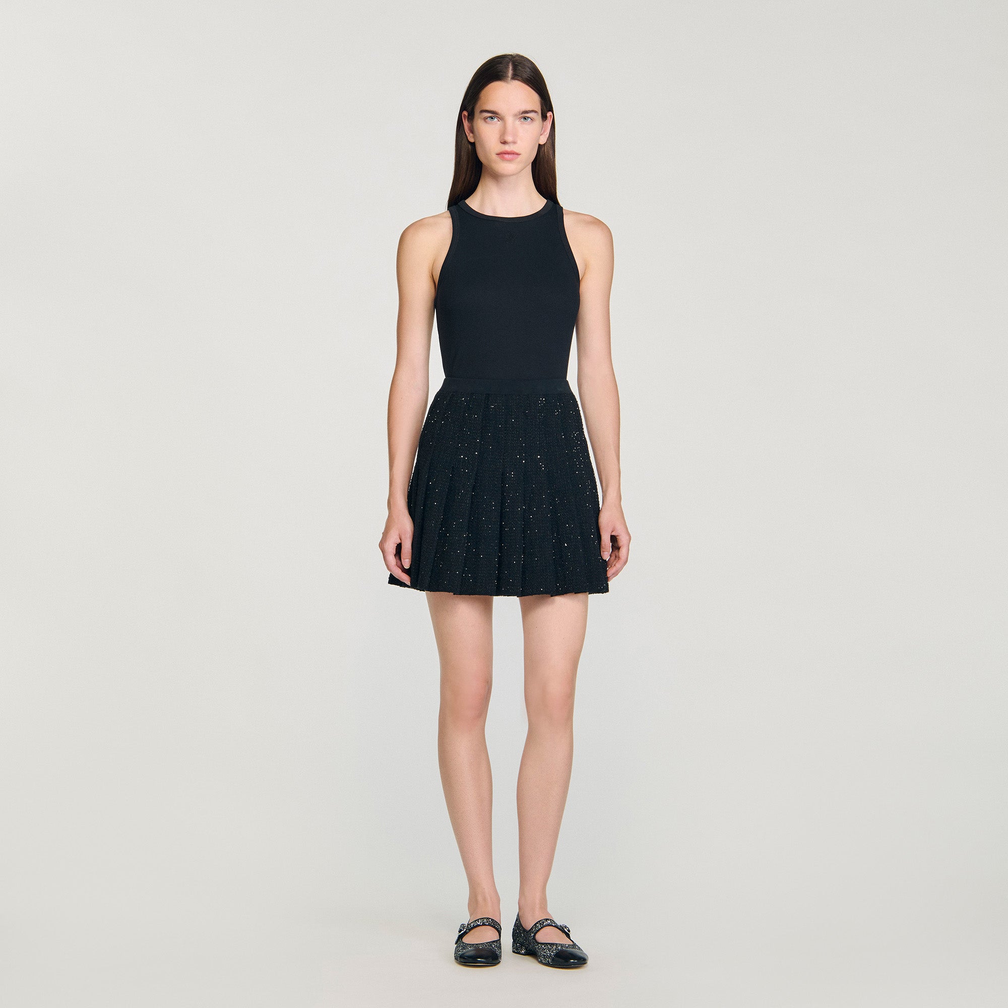 Henriette Short Tweed Pleated Skirt Black