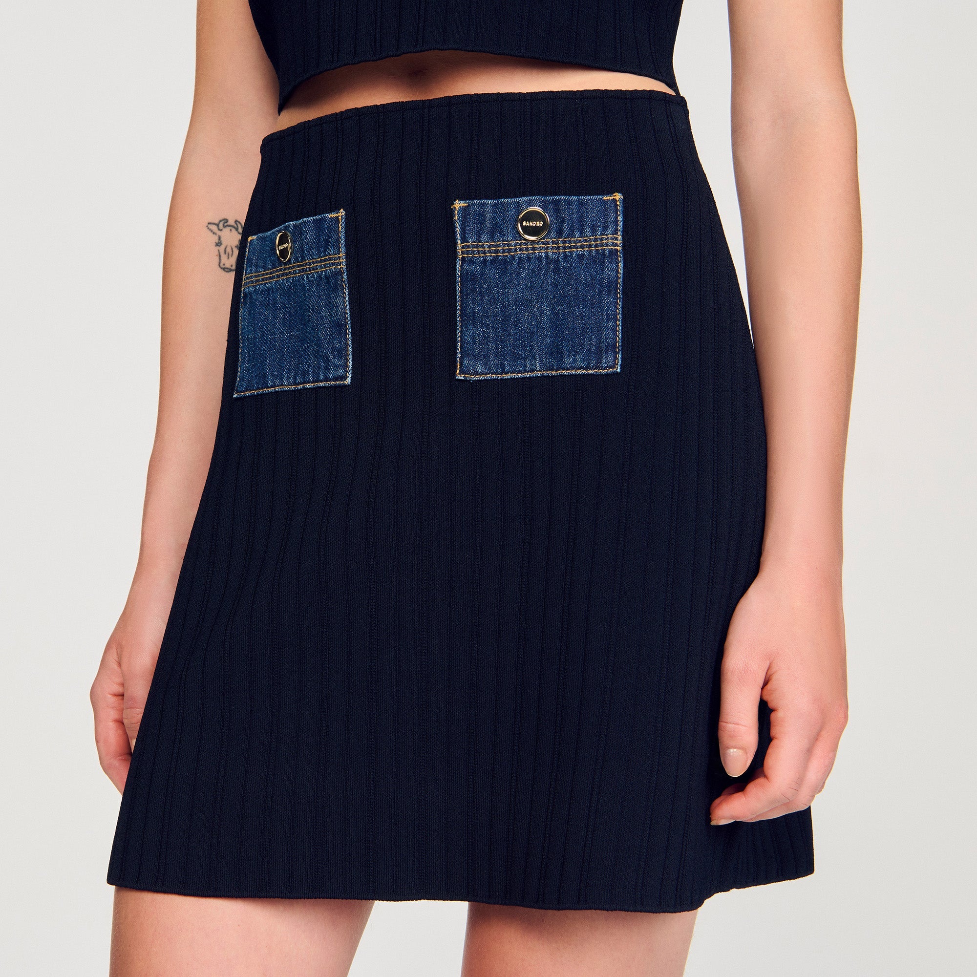 Isolda Short Knit And Denim Skirt Navy Blue