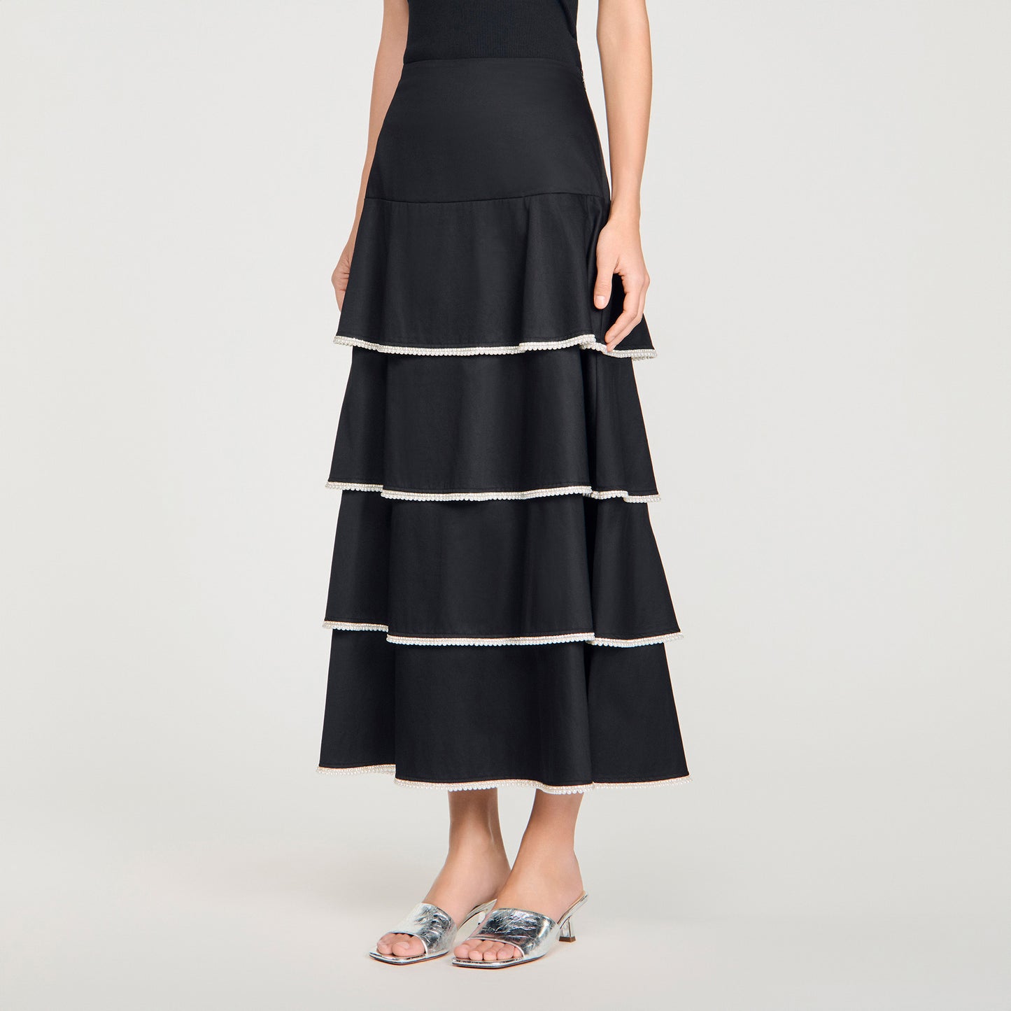 Pulco Long Ruffled Rhinestone Skirt BLACK