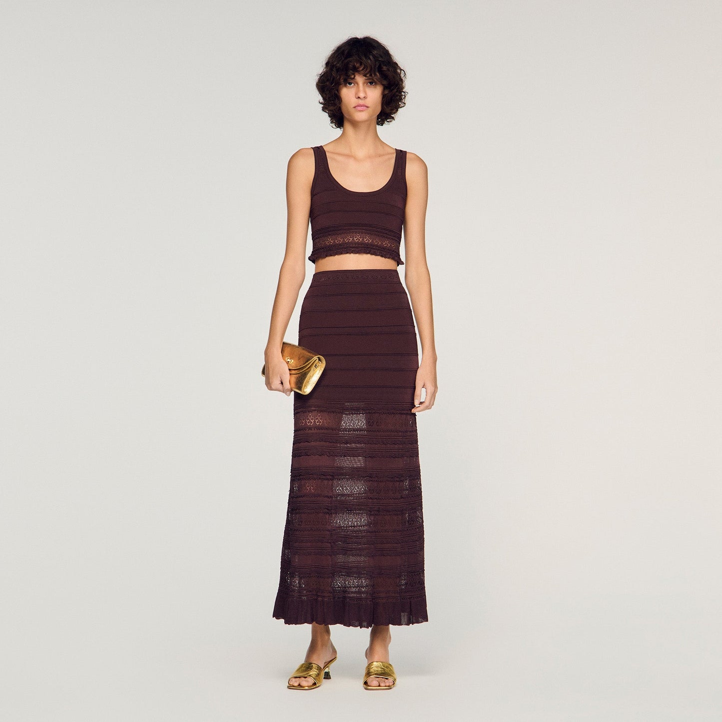 Andriane Pointelle Knit Maxi Skirt Brown
