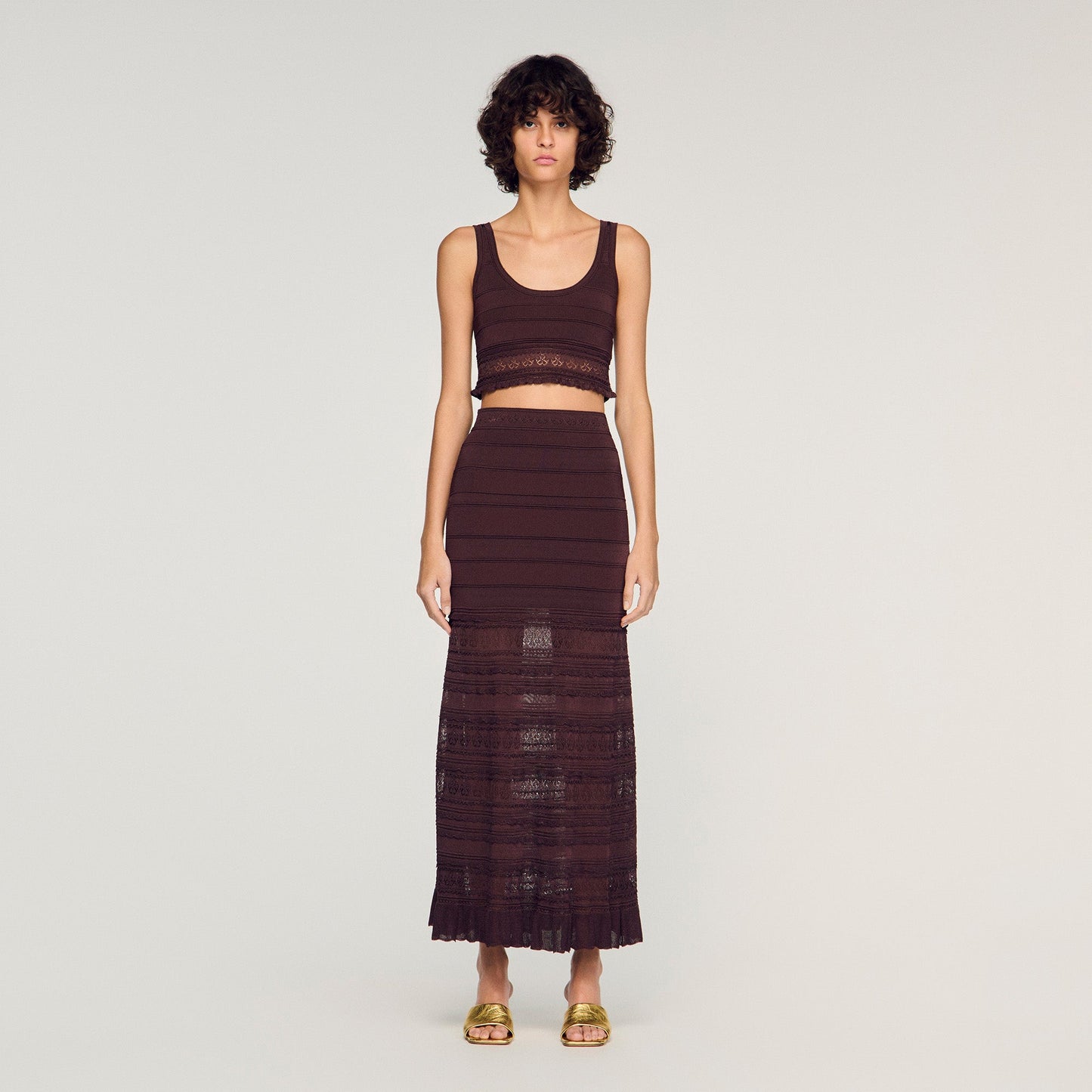 Andriane Pointelle Knit Maxi Skirt Brown