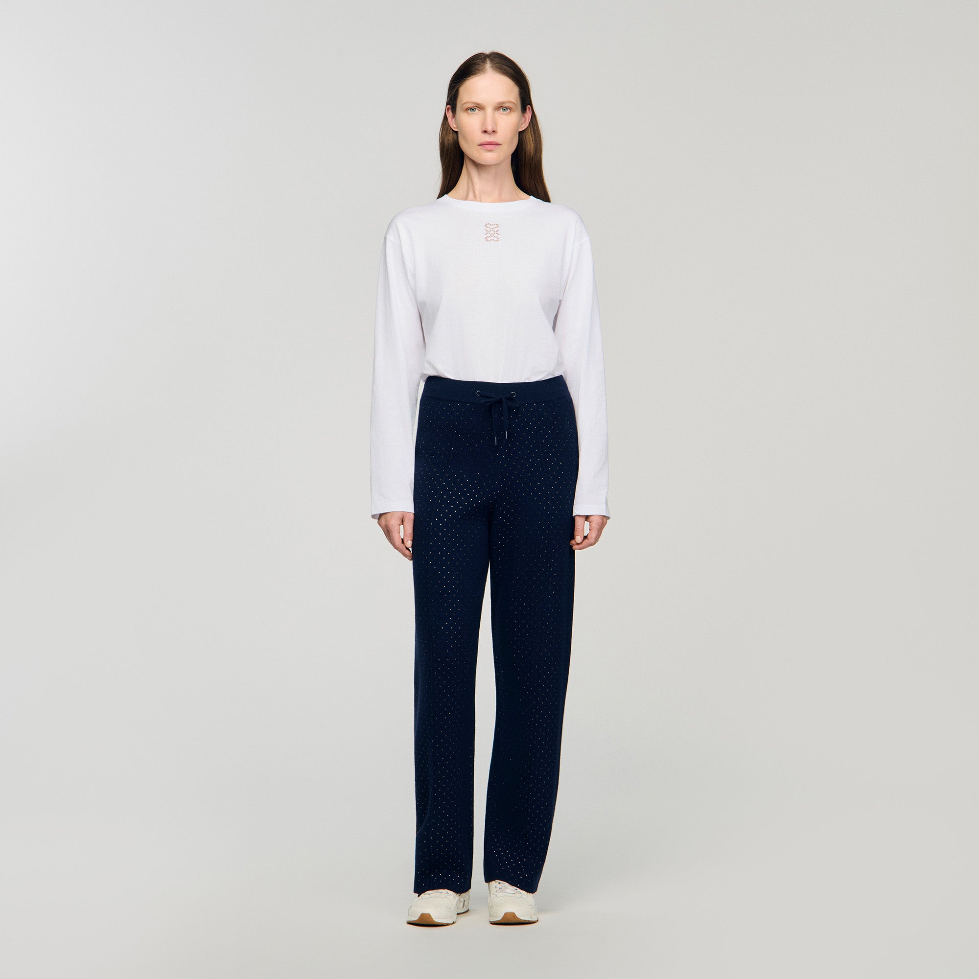 Vadim Knit Rhinestone-Covered Trousers Navy Blue