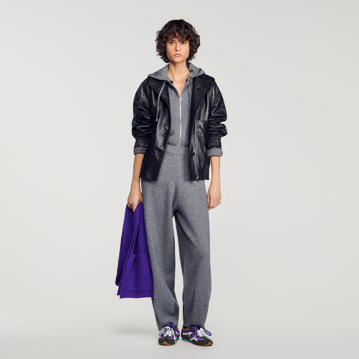 Estela Rhinestone Barrel-Leg Joggers Grey