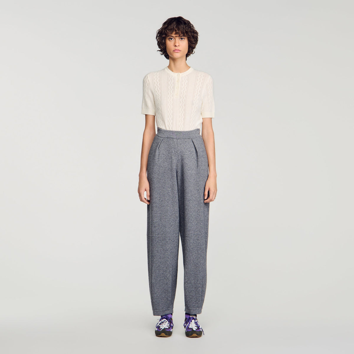 Estela Rhinestone Barrel-Leg Joggers Grey