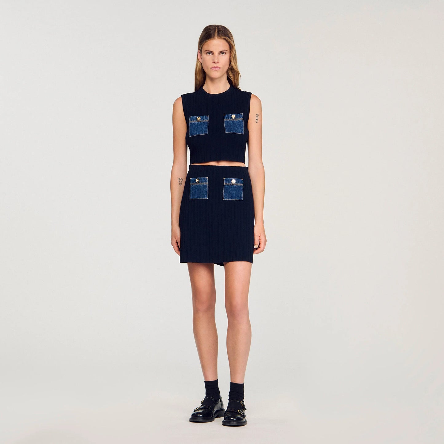 Isolde Knit And Denim Top Navy Blue