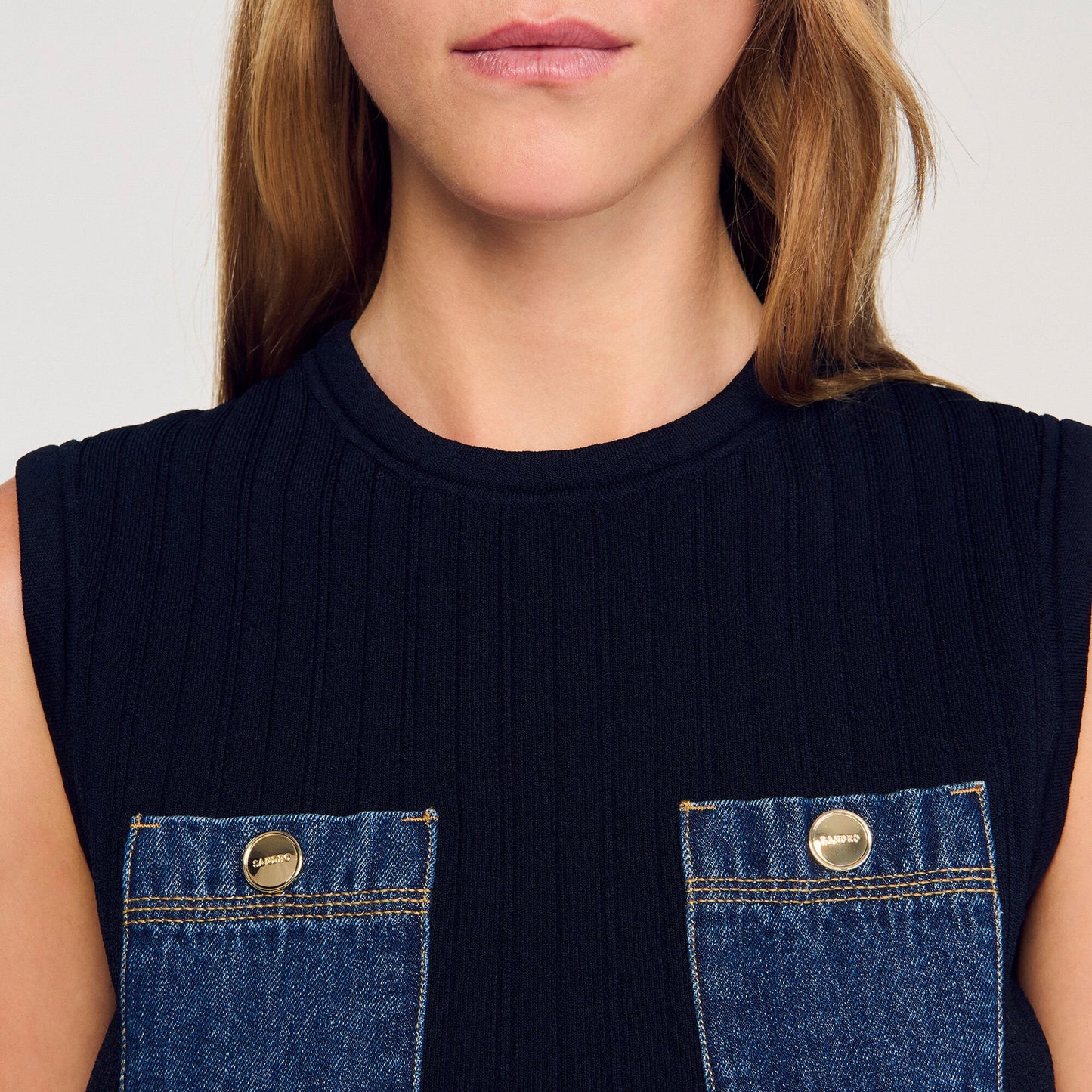 Isolde Knit And Denim Top Navy Blue
