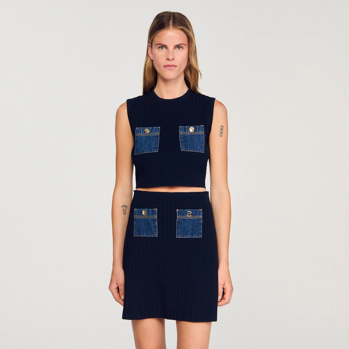 Isolde Knit And Denim Top Navy Blue