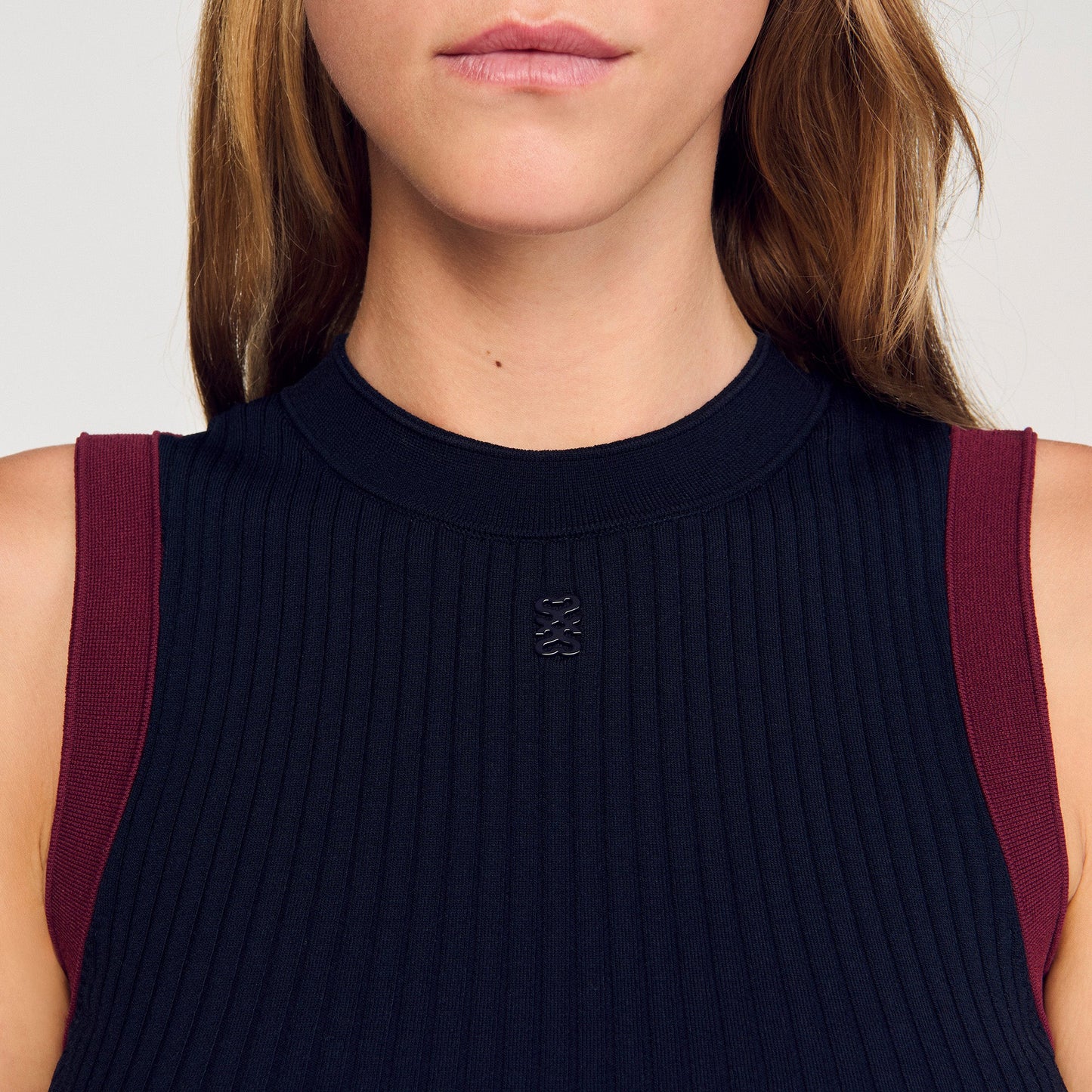 Arie Two-Tone Knit Top Navy Blue