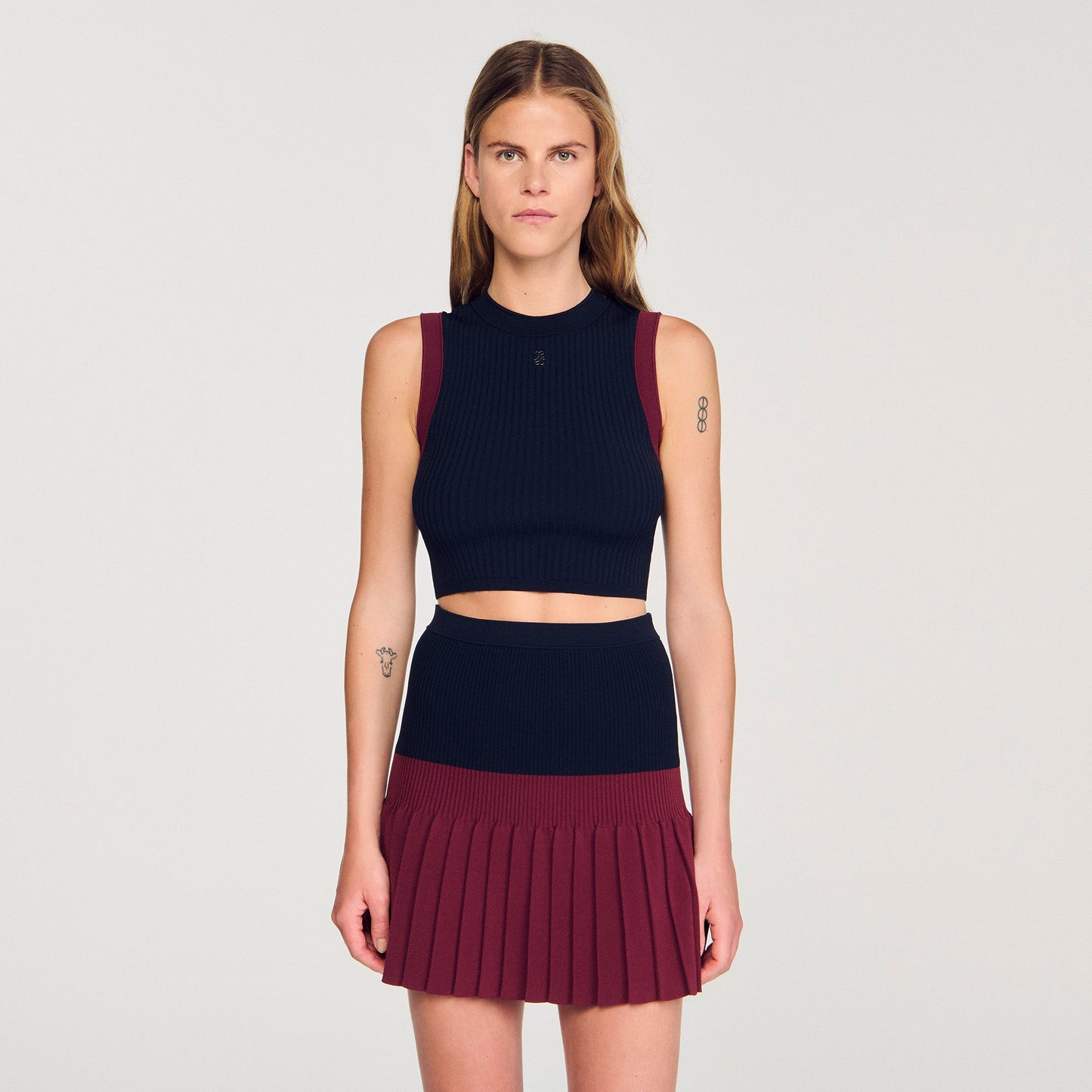 Arie Two-Tone Knit Top Navy Blue