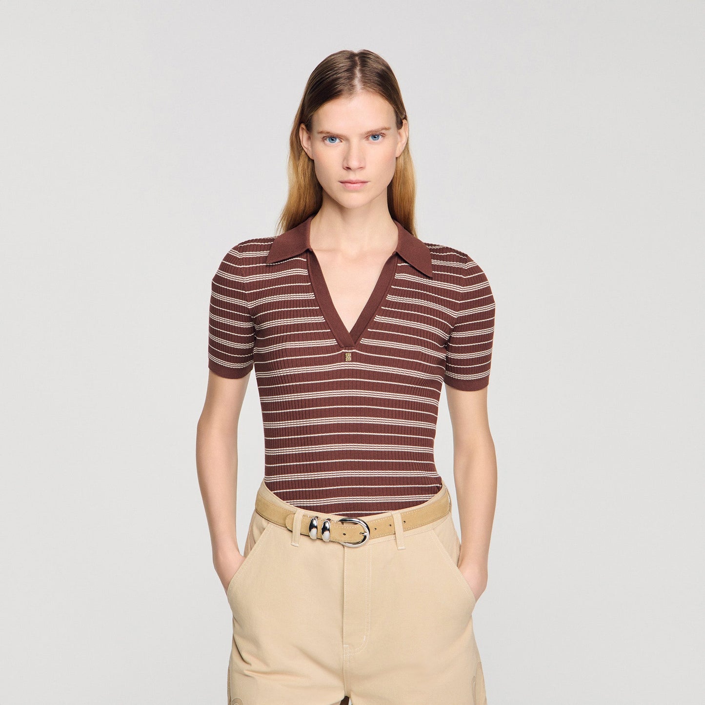 Driss Striped V-Neck Polo Jumper Brown