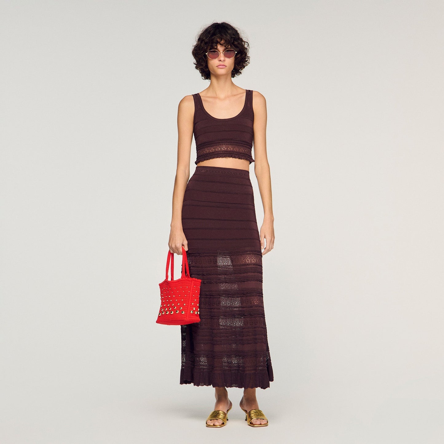 Andre Pointelle Knit Crop Top Brown