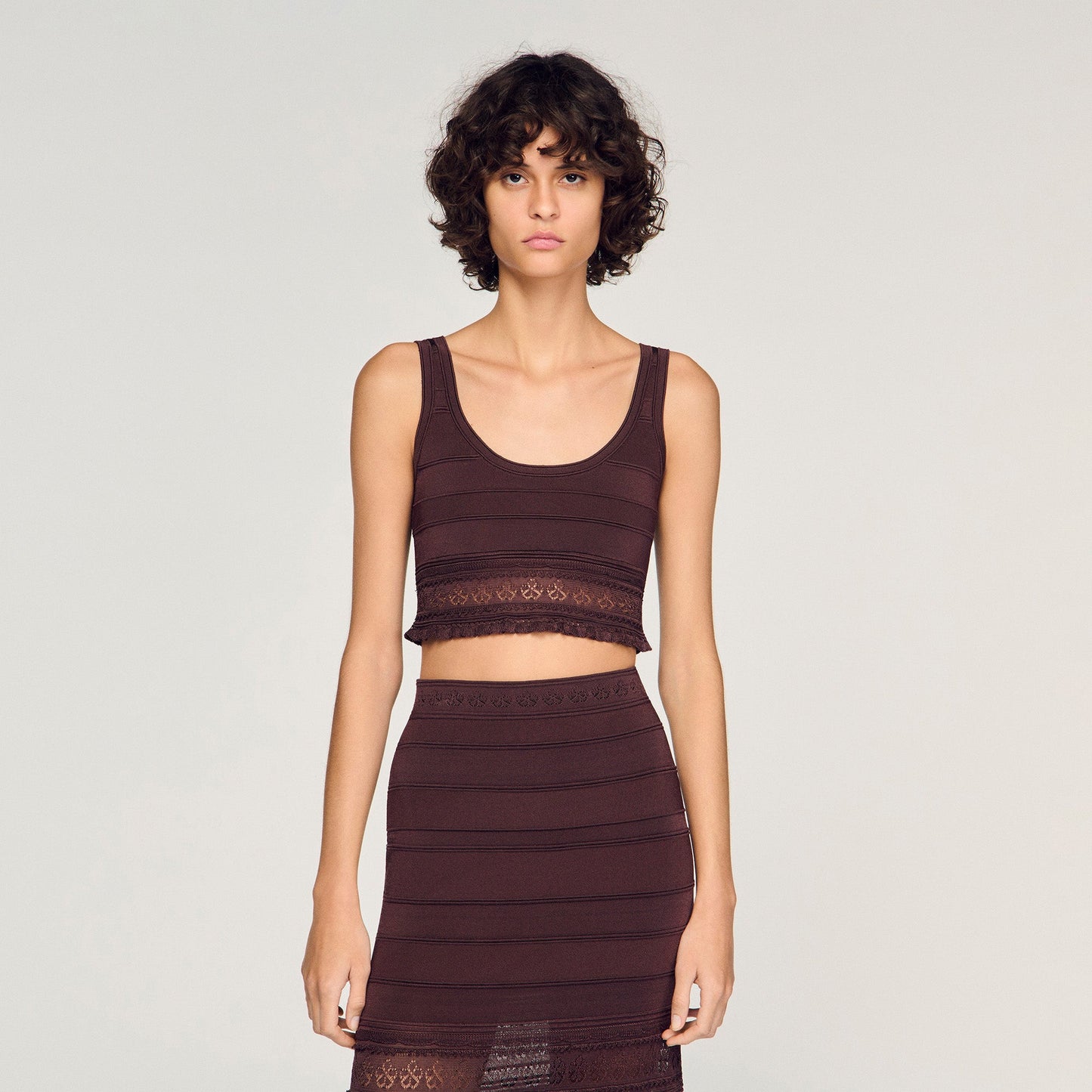 Andre Pointelle Knit Crop Top Brown