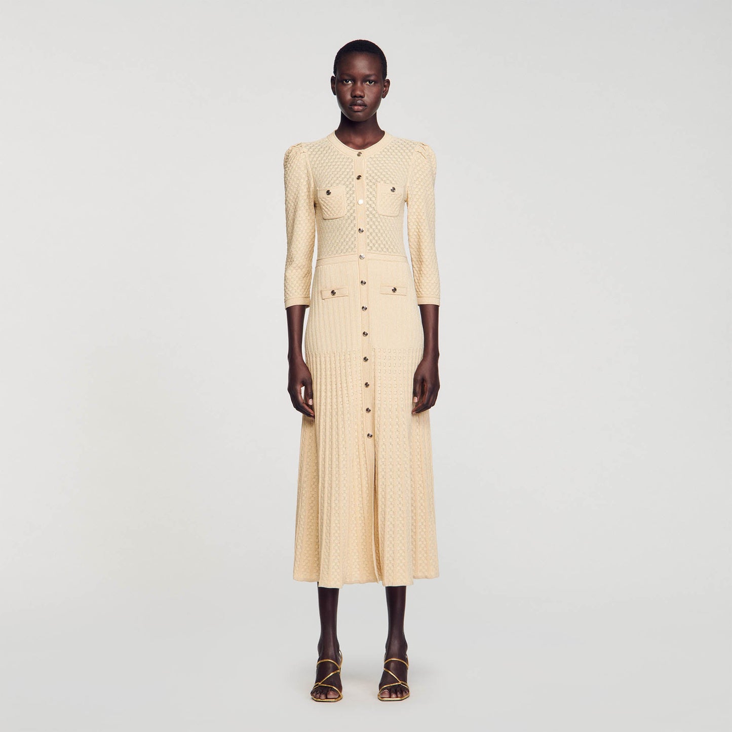 Ramia Pointelle Knit Midi Dress Gold