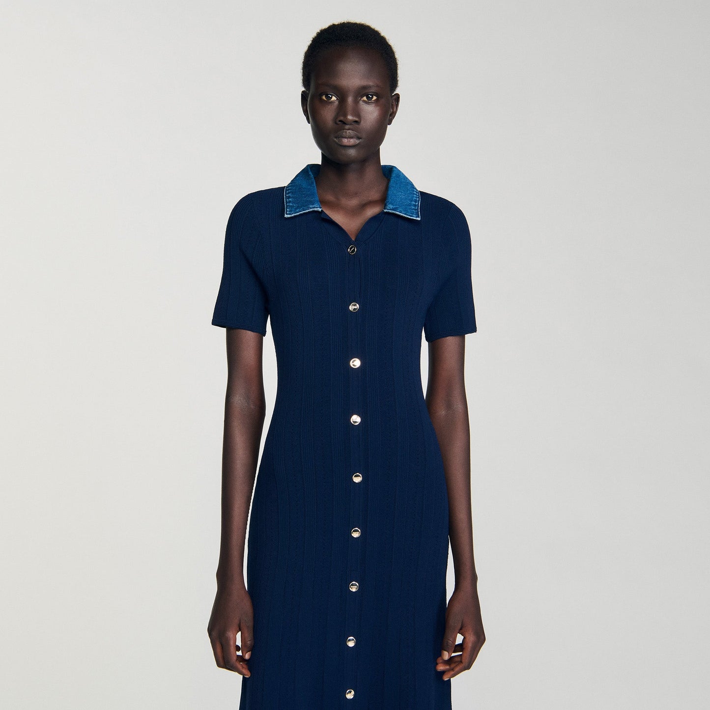 Julietta Denim Collar Knit Maxi Dress Navy Blue