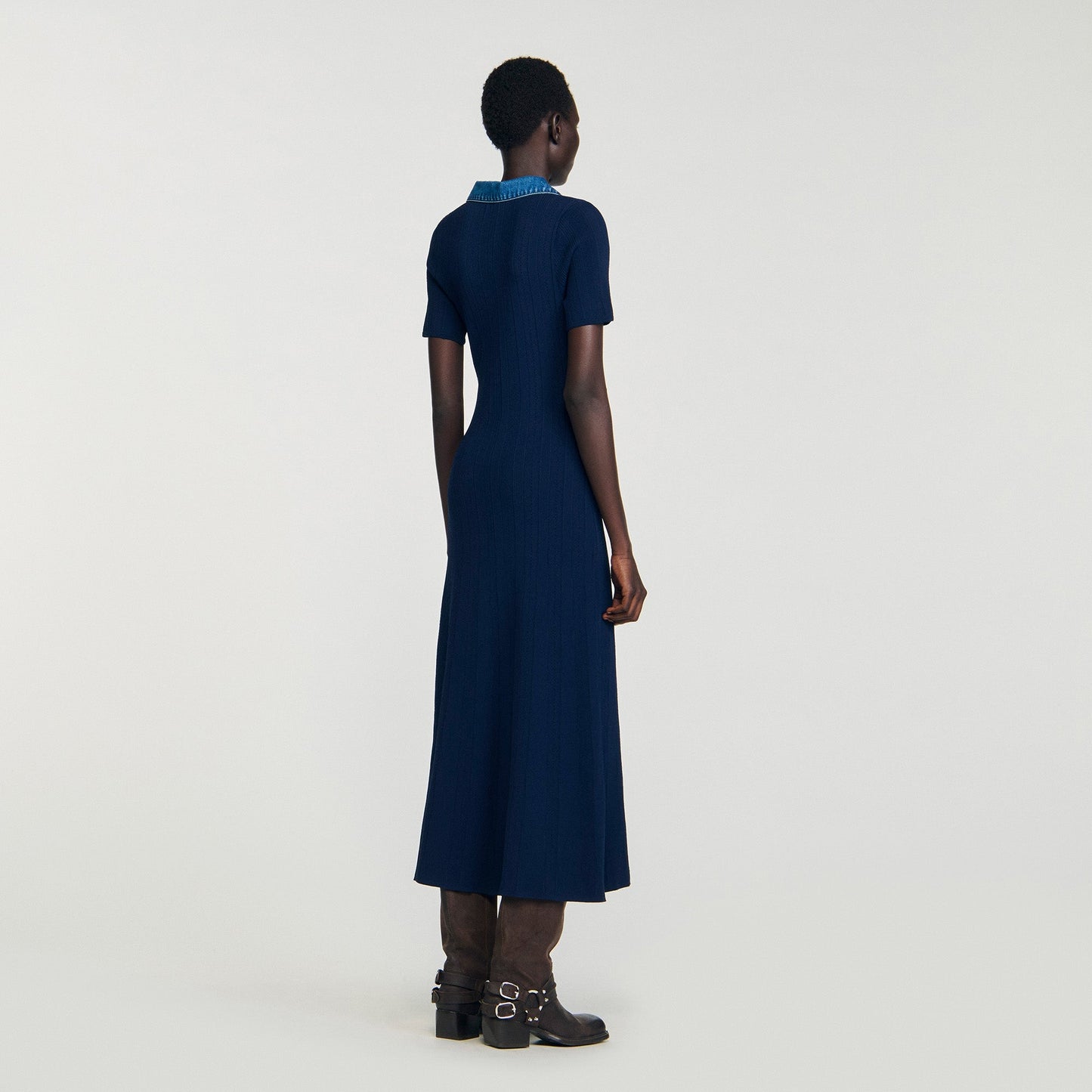 Julietta Denim Collar Knit Maxi Dress Navy Blue