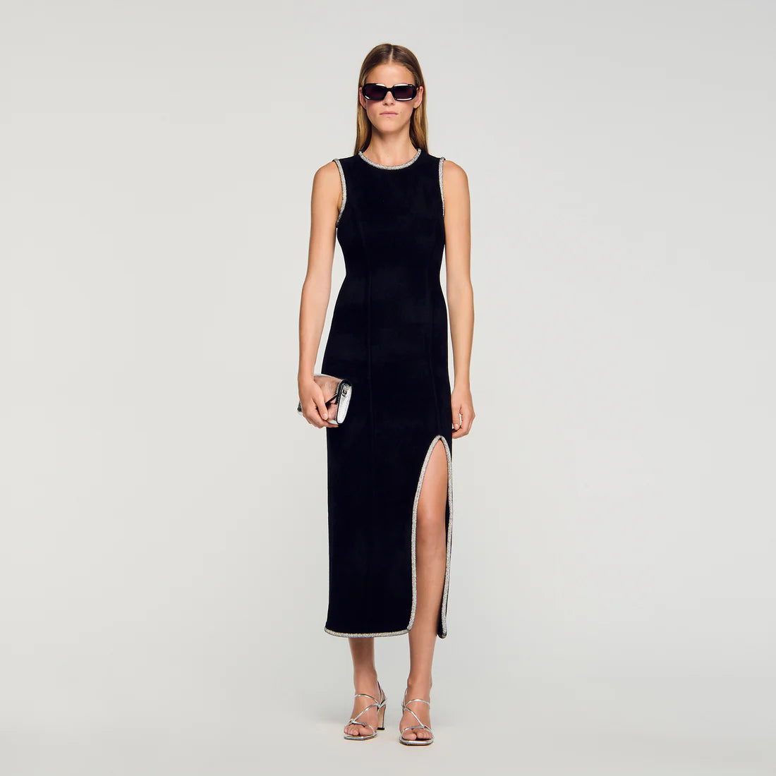 Guoda Rhinestone Slit Maxi Dress Black