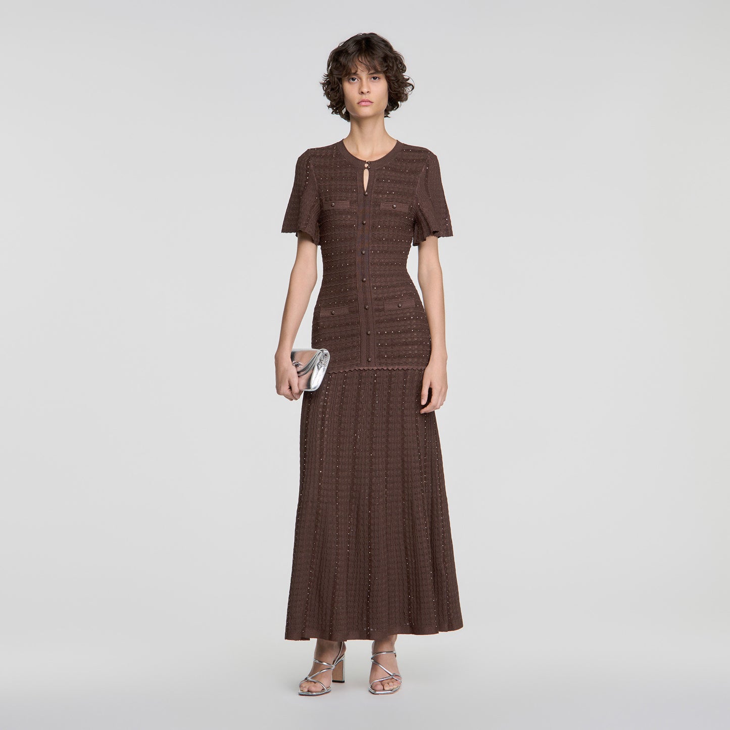 Diane Rhinestone knit maxi dress Brown
