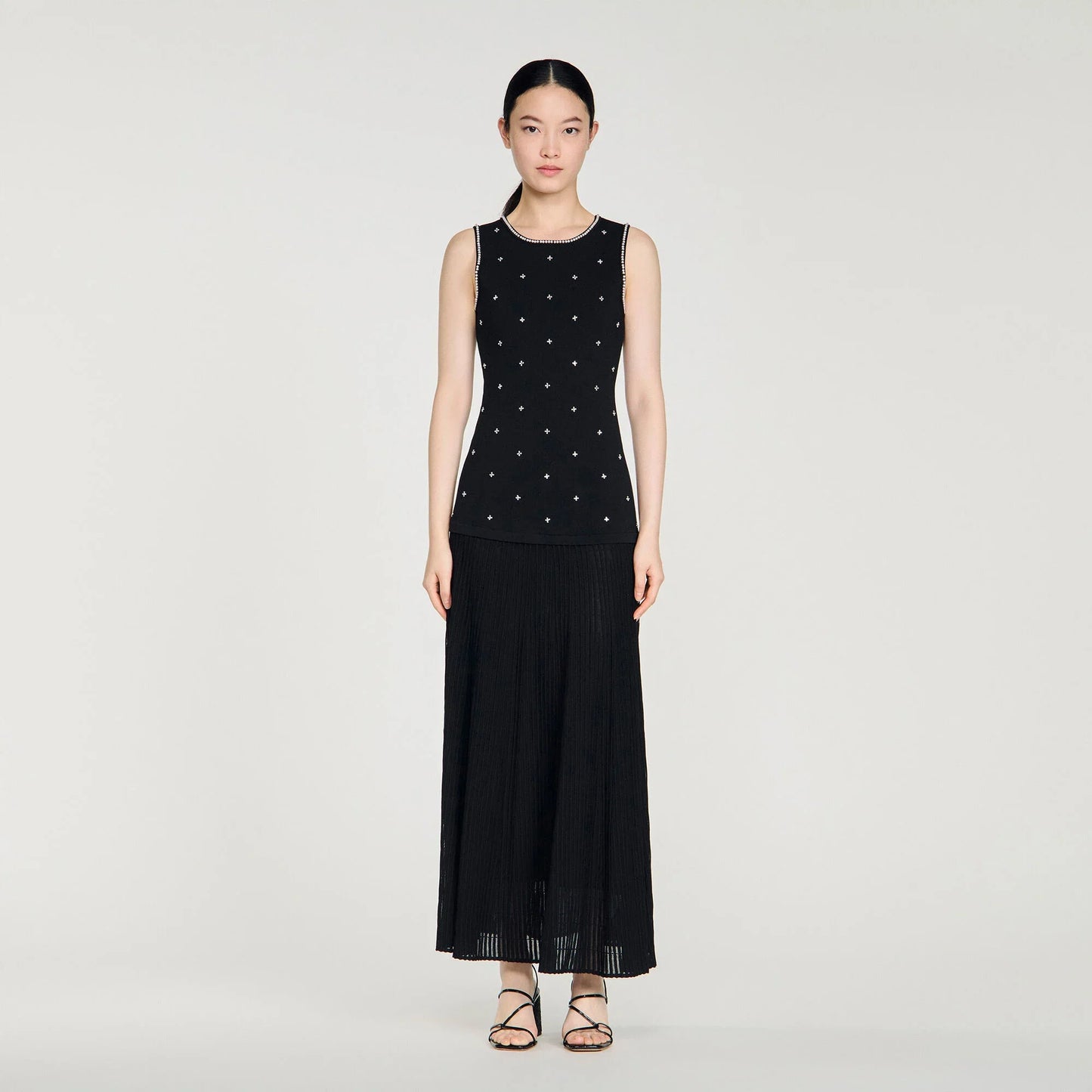 Theodora Rhinestone Flower Print Maxi Dress Black