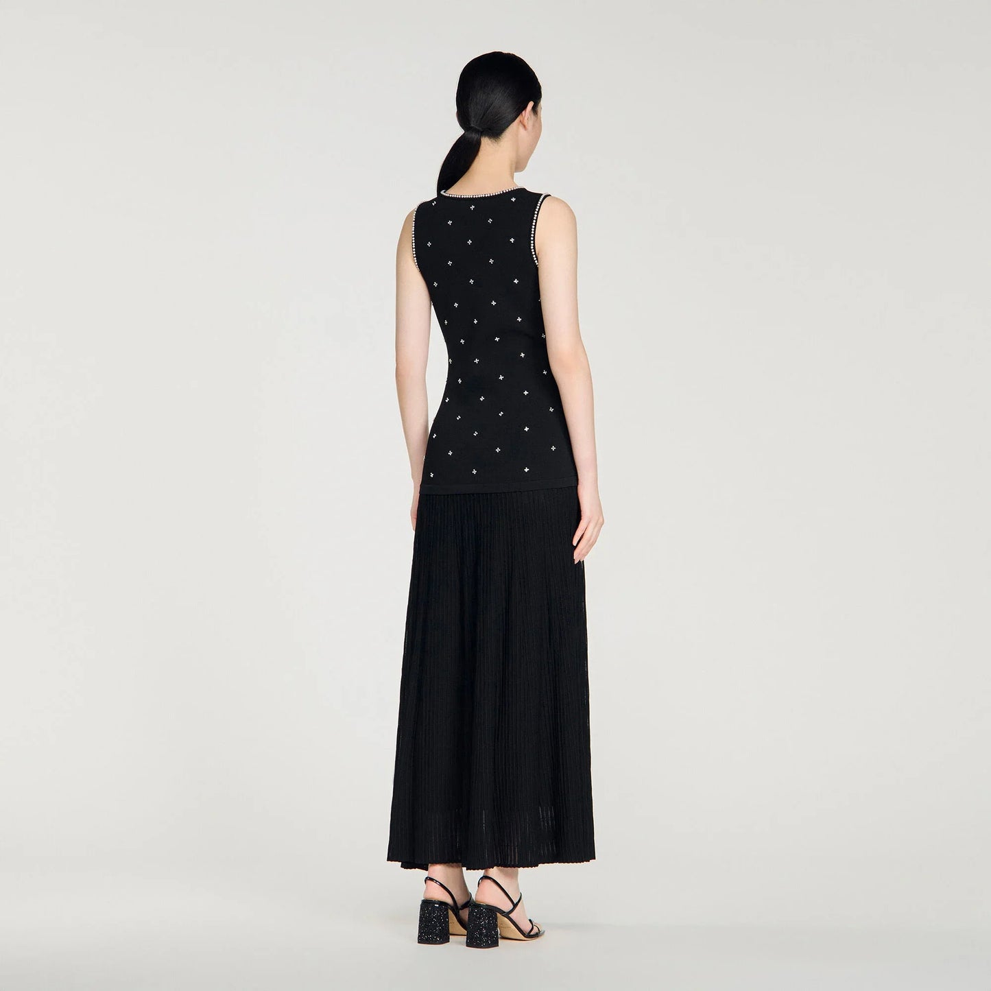 Theodora Rhinestone Flower Print Maxi Dress Black