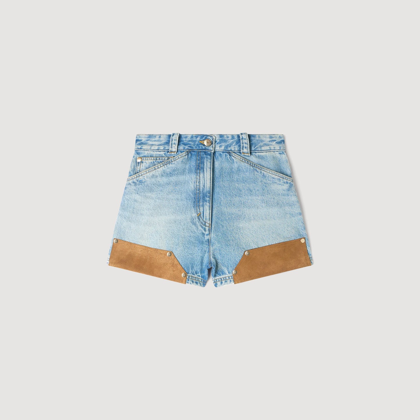Canyon Riveted Denim And Suede Shorts Light Blue Jean