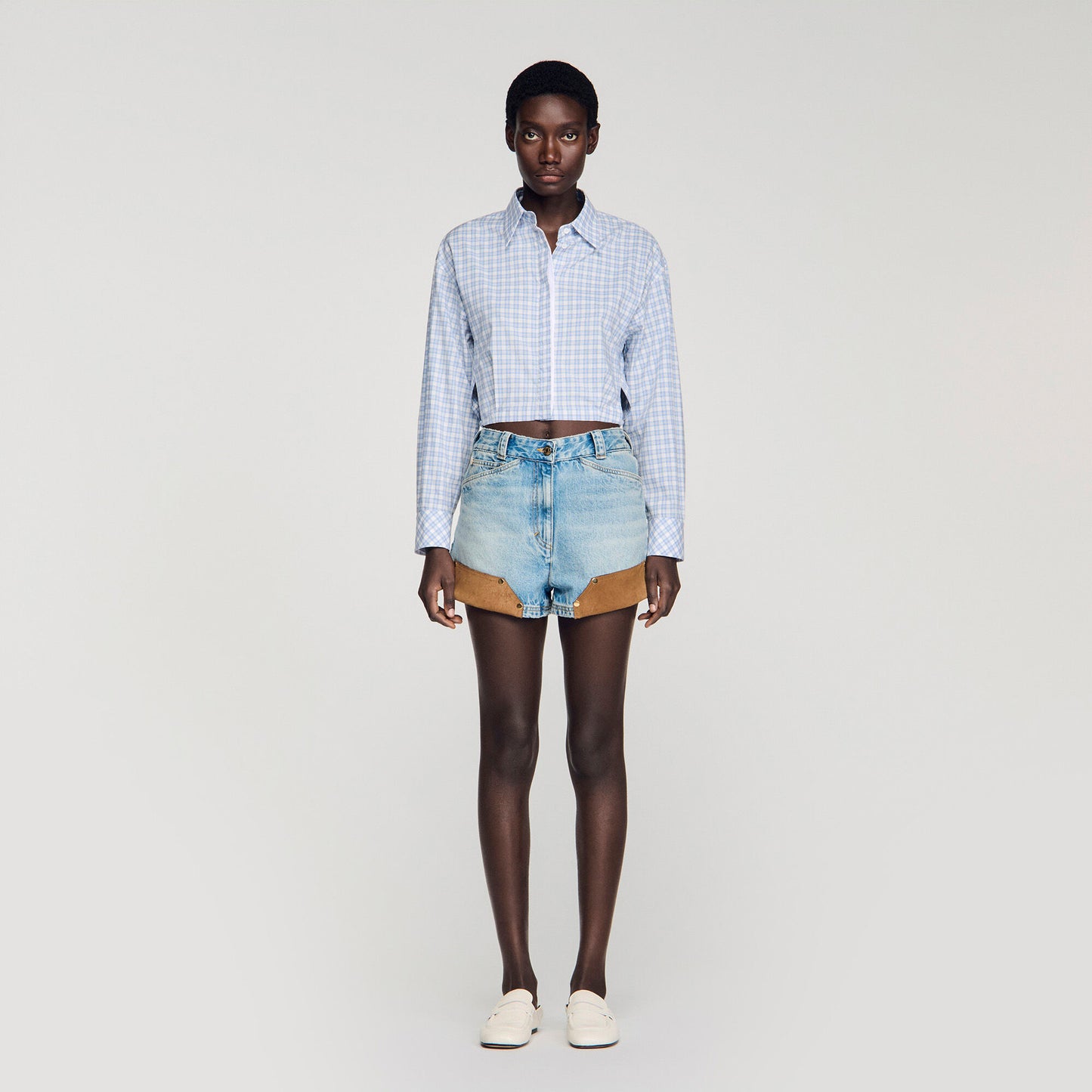 Canyon Riveted Denim And Suede Shorts Light Blue Jean
