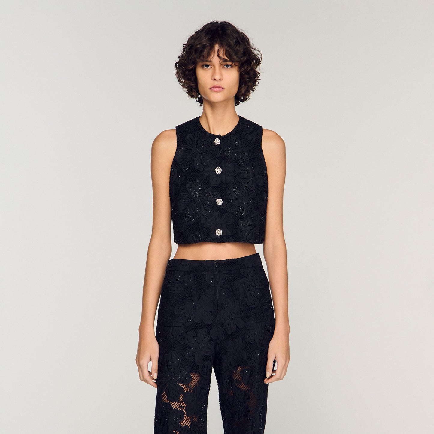 Amie Embroidered Guipure Crop Top Black