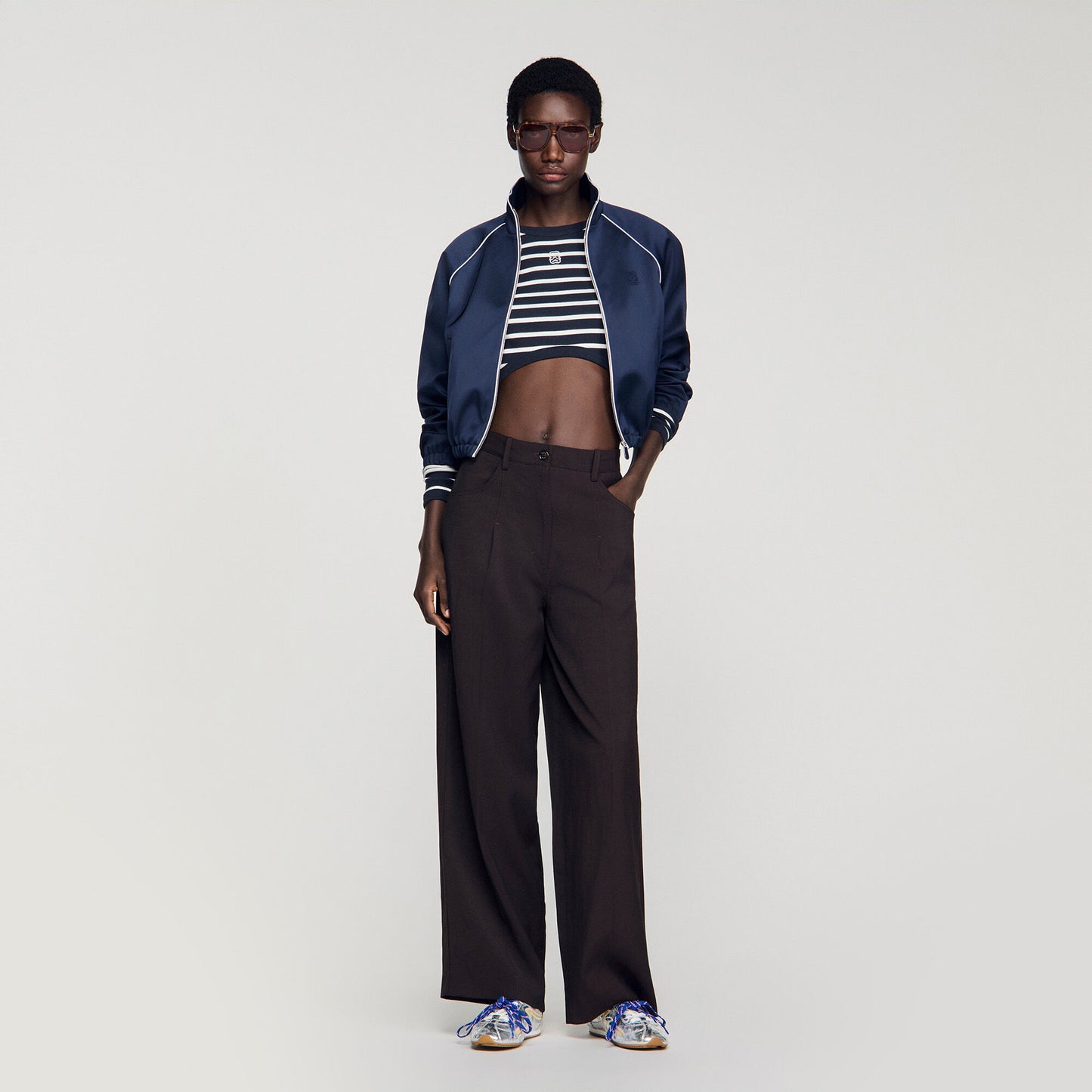 Lyvie Cropped Striped Cotton T-Shirt Marine / Blanc