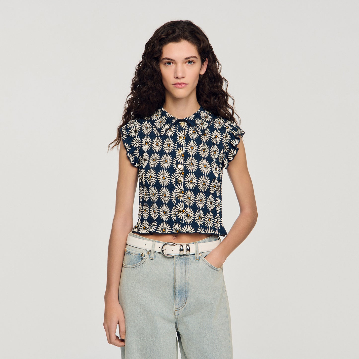 Camila Flower Print Smocked T-Shirt Deep Blue / Ocher