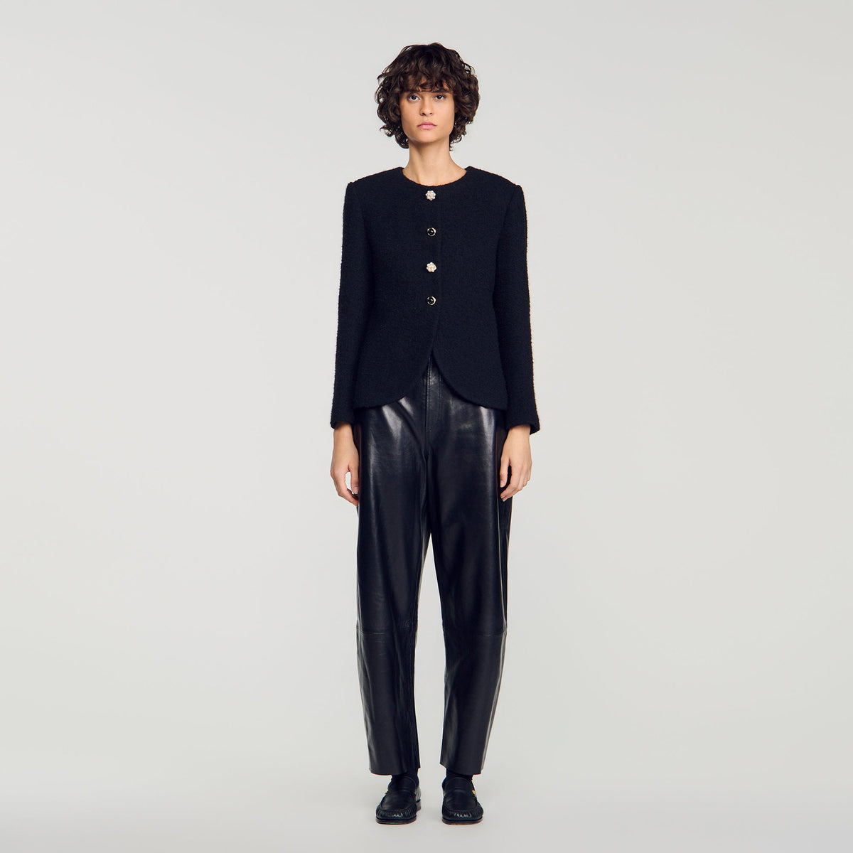 Luck Decorative Button Tweed Jacket Black