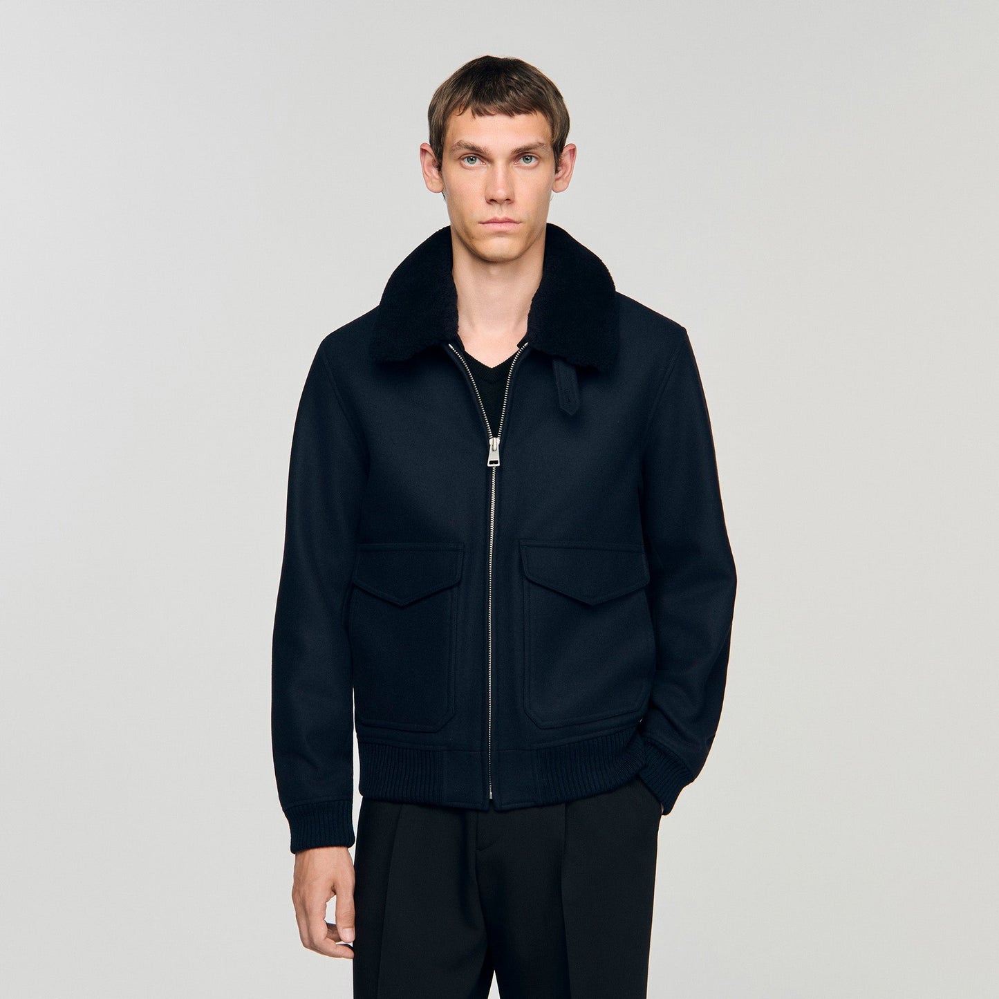 Aviator Wool Aviator Jacket With Shearling Navy Blue