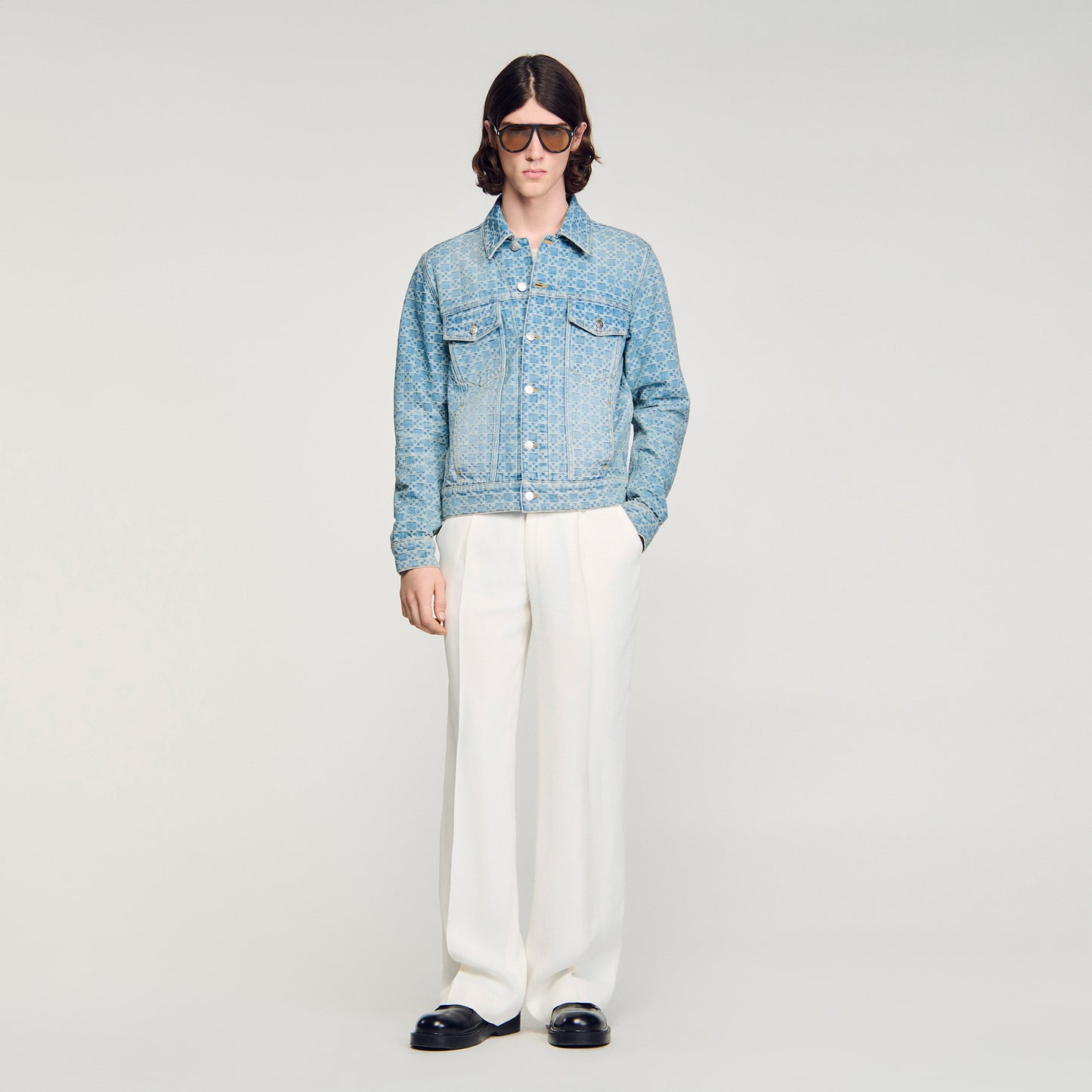 Cross Sanded Trucker Square Cross Denim Jacket SKY BLUE