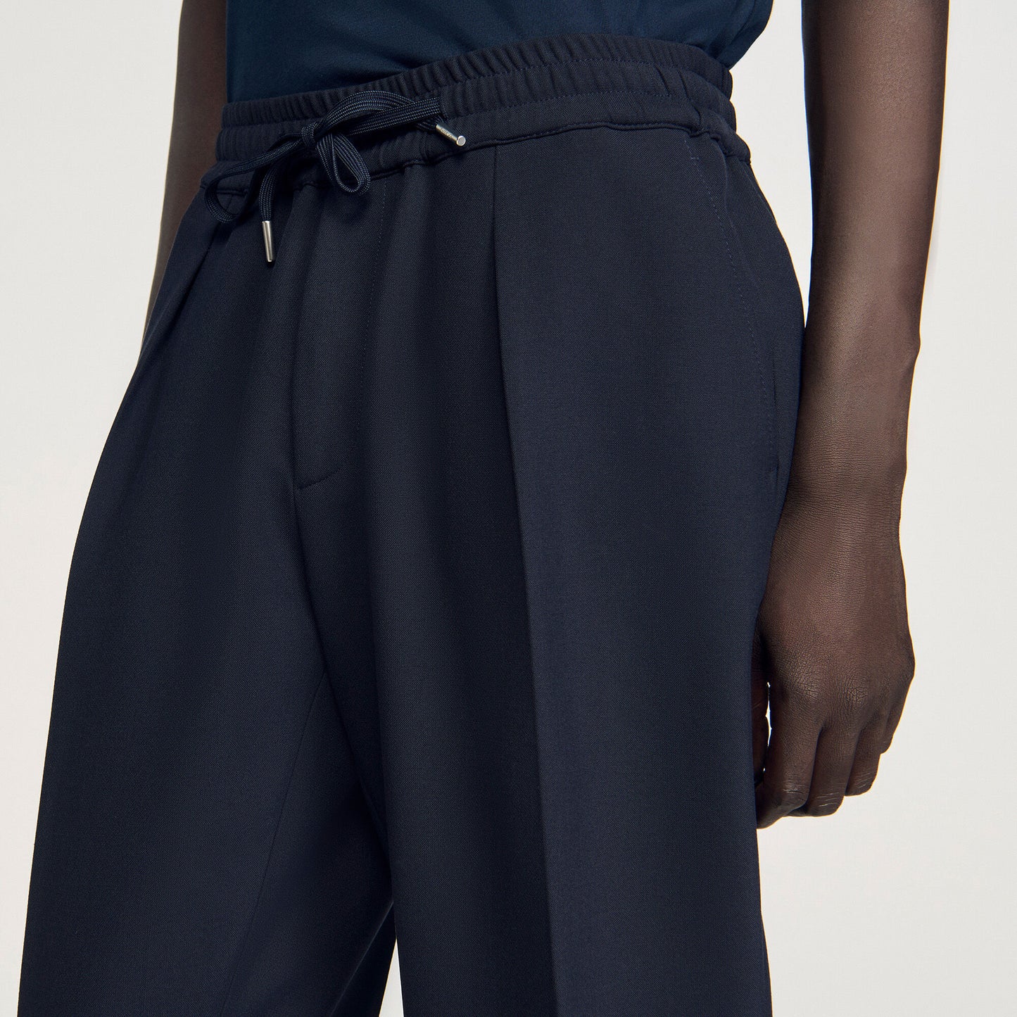 Jersey Pli Elasticated Straight-Leg Trousers Navy Blue