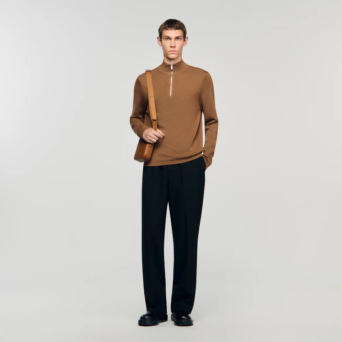 Zip Sweater Wool Jumper With Zip Collar Beige