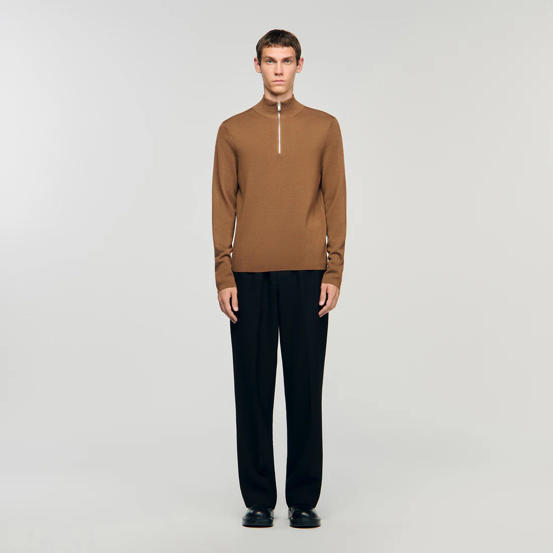Zip Sweater Wool Jumper With Zip Collar Beige