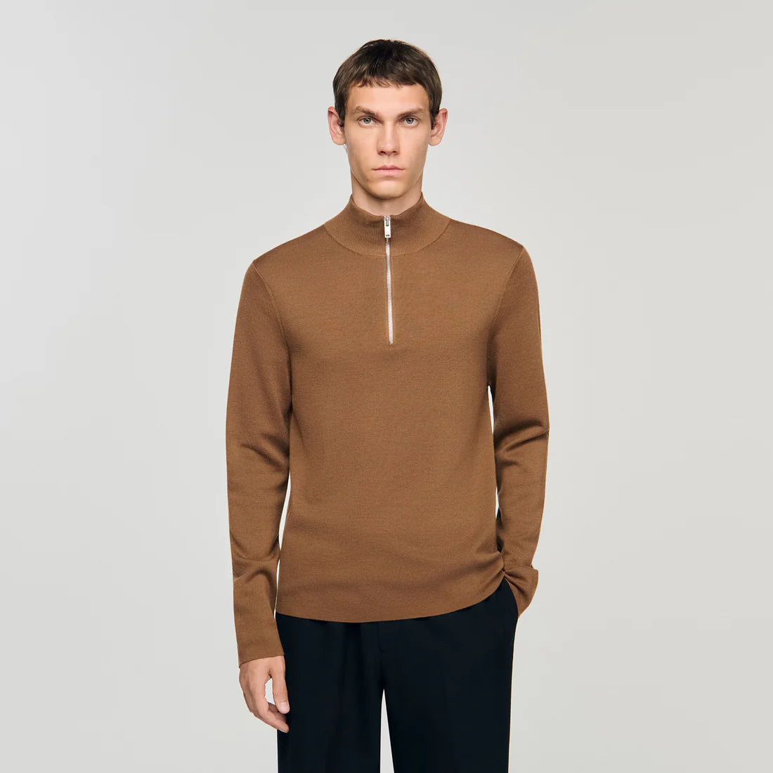 Zip Sweater Wool Jumper With Zip Collar Beige